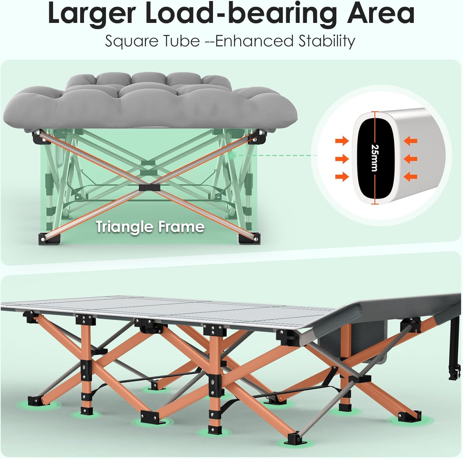 Suteck Camping Cot, Folding Camping Cot Bed for Adults Sleeping 1200D Double Layer Oxford Portable Folding Outdoor Cots for Camping W/Soft Pad Carry Bag for Home Office Nap Beach Travel, 500LBS,Grey