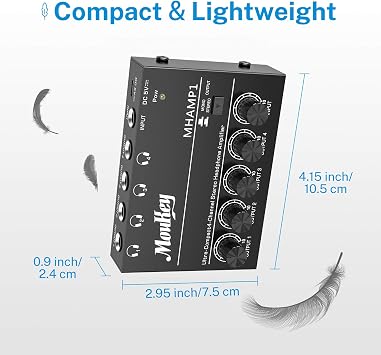 Moukey Headphone Amp Amplifier 4 Channels Metal Stereo Audio Amplifier,Mini Headphone amplifier portable - 4x Quarter Inch Balanced TRS Headphone Output and TRS Audio Input, DC5V Power Supply-MHAMP1