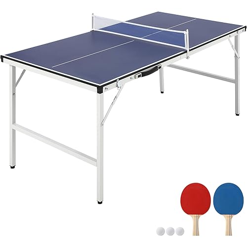 IDEALHOUSE Portable Ping Pong Table, Mid-Size Foldable Table Tennis Table wIith Net, 2 Paddles, 3 Balls, Adjustable Feet for Indoor Outdoor, No Assembly Required