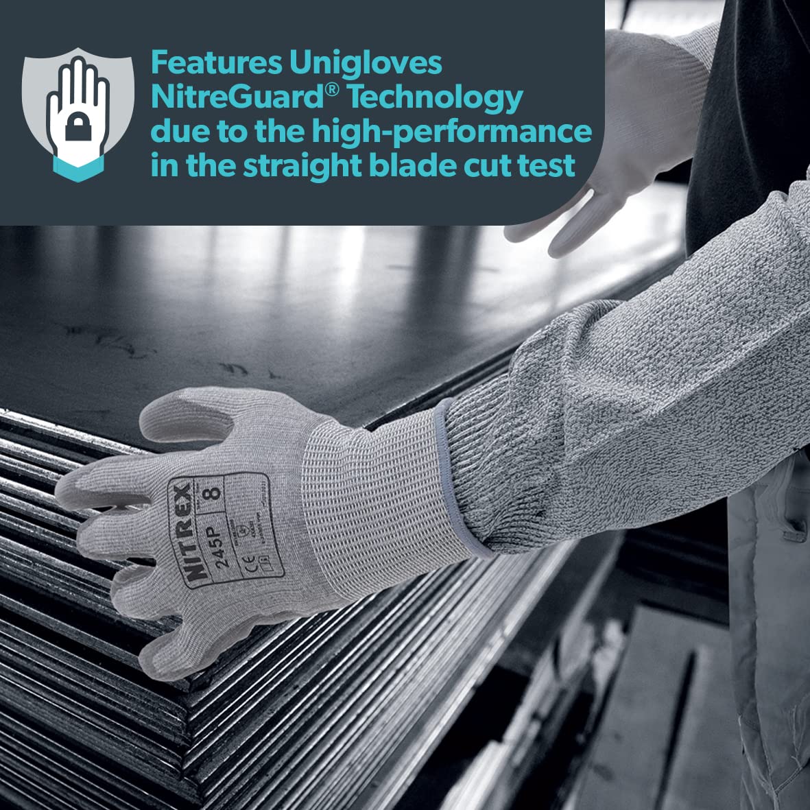 NITREX Unigloves 245P Guantes reutilizables resistentes al corte con tecnología Unigloves NitreGuard, revestimiento de palma de poliuretano, forro resistente al corte, en gris