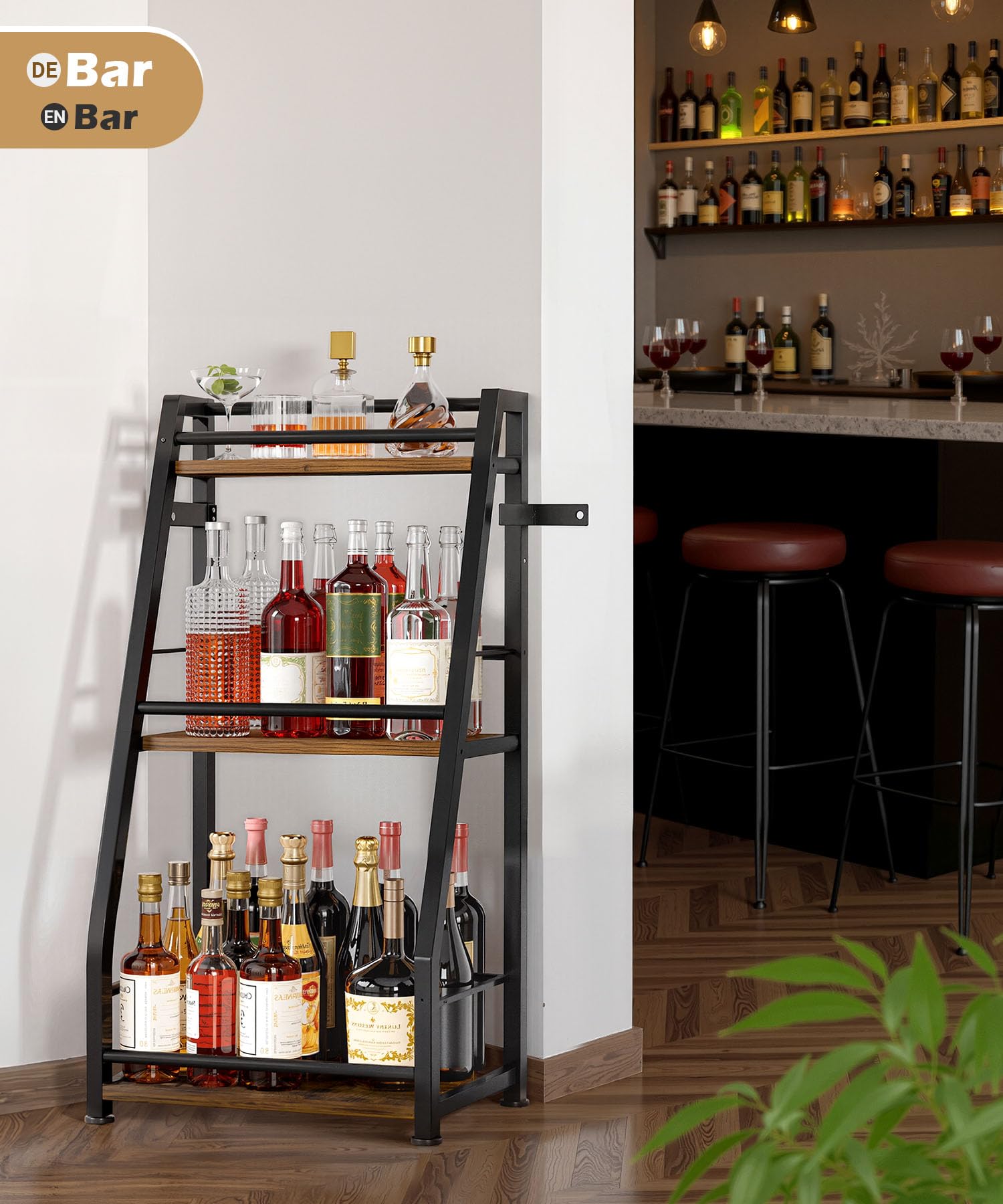 Yorbay 3-Stöckiges Freistehendes Weinregal mit Geländer: Modern Metall-Holz Flaschenregal für Wein und Weingläser - Trapezförmiges Weinflaschenhalter für Bar Küche Esszimmer