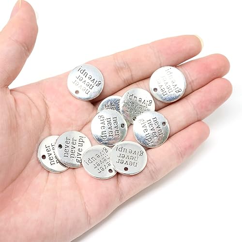 Miniatura 4 de Honbay 50 dijes de aleación con palabras inspiradoras redondas que nunca te rindas, para manualidades, aretes, collares, pulseras, manualidades,