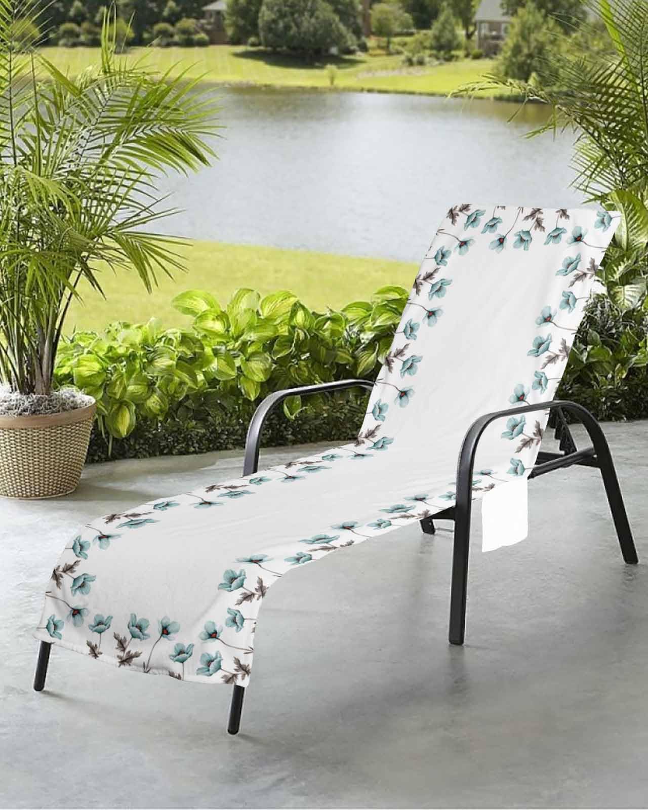 Teal White Flower Beach Chair Towel Covers for Chaise Lounge with Side Pocket, Soft Plush Pool Towels Cover for Patio Sunbathing Outdoor 29''x85'' Elegant Tulip Rustic Floral Vintage Plant