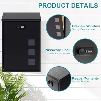 Post Box Wall Mounted, Steel Mail Box with Combination Lock - Weather-Resistant, 3 Viewing Windows, Rain Cover, Lockable for Outside, Black 40 x 25 x 10 cm