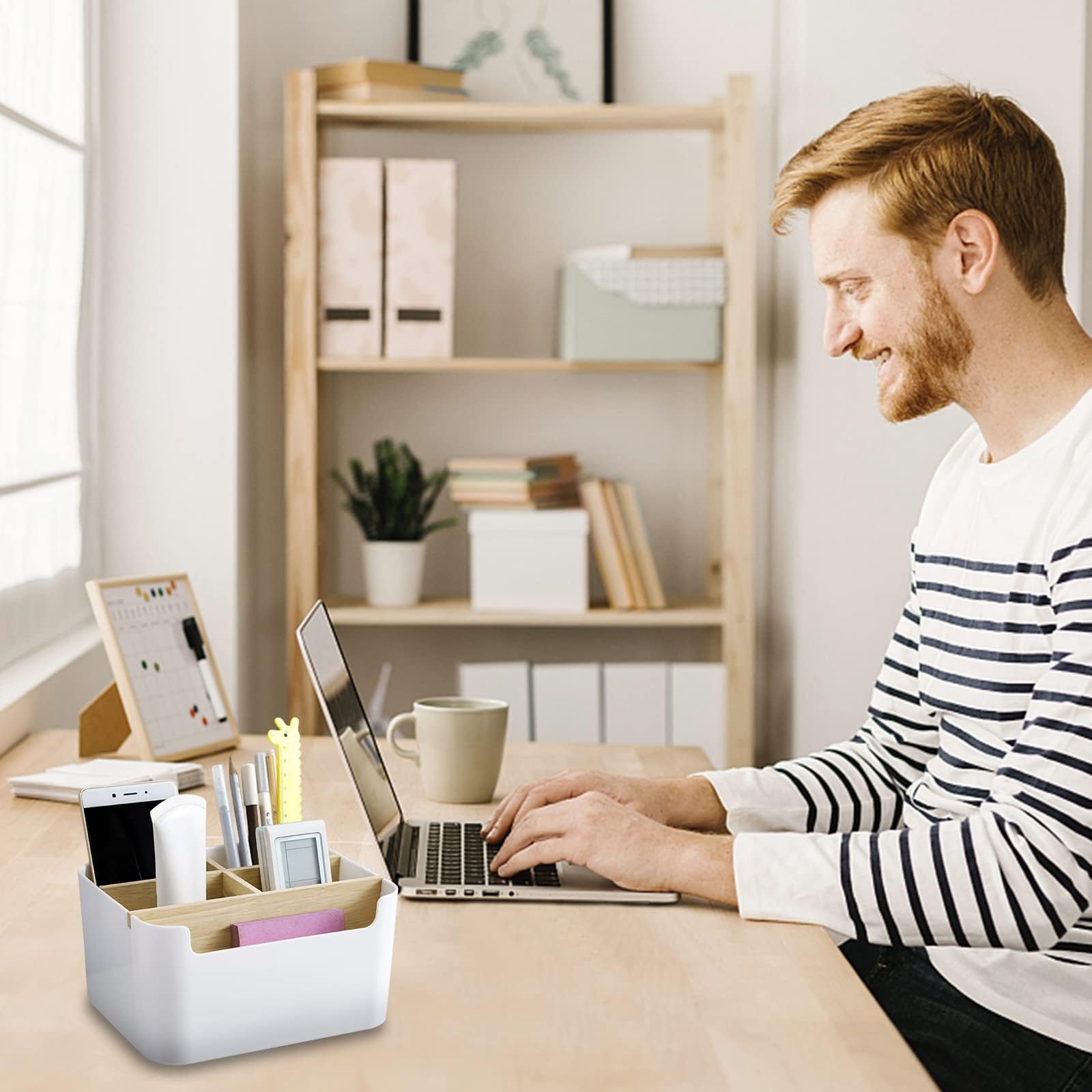 YAYODS Lot De 2 Organisateurs De Bureau En Bois Blanc - 5 Compartiments Amovibles, Rangement Télécommande Et Stylos
