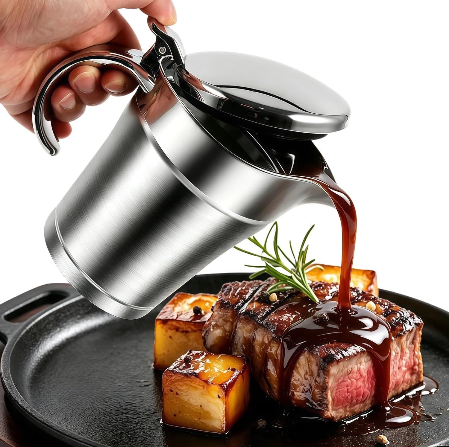 450ml Stainless Steel Sauce Jug, Anti Leakage Stainless Steel Insulated Gravy Boat with Hinged Lid, Double Insulated Gravy Pitcher for Tomato Sauce, Mustard, Cream, Milk