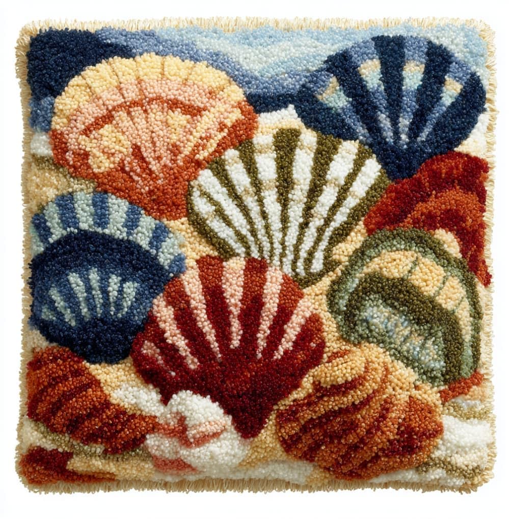 WallustrioaW DIY Latch Hook Pillow Kit,Seashell Pillowcase Kits Embroidery Kits 17X17 Inch DIY Needlework Pillow Cover Sofa Cushion Rug Making