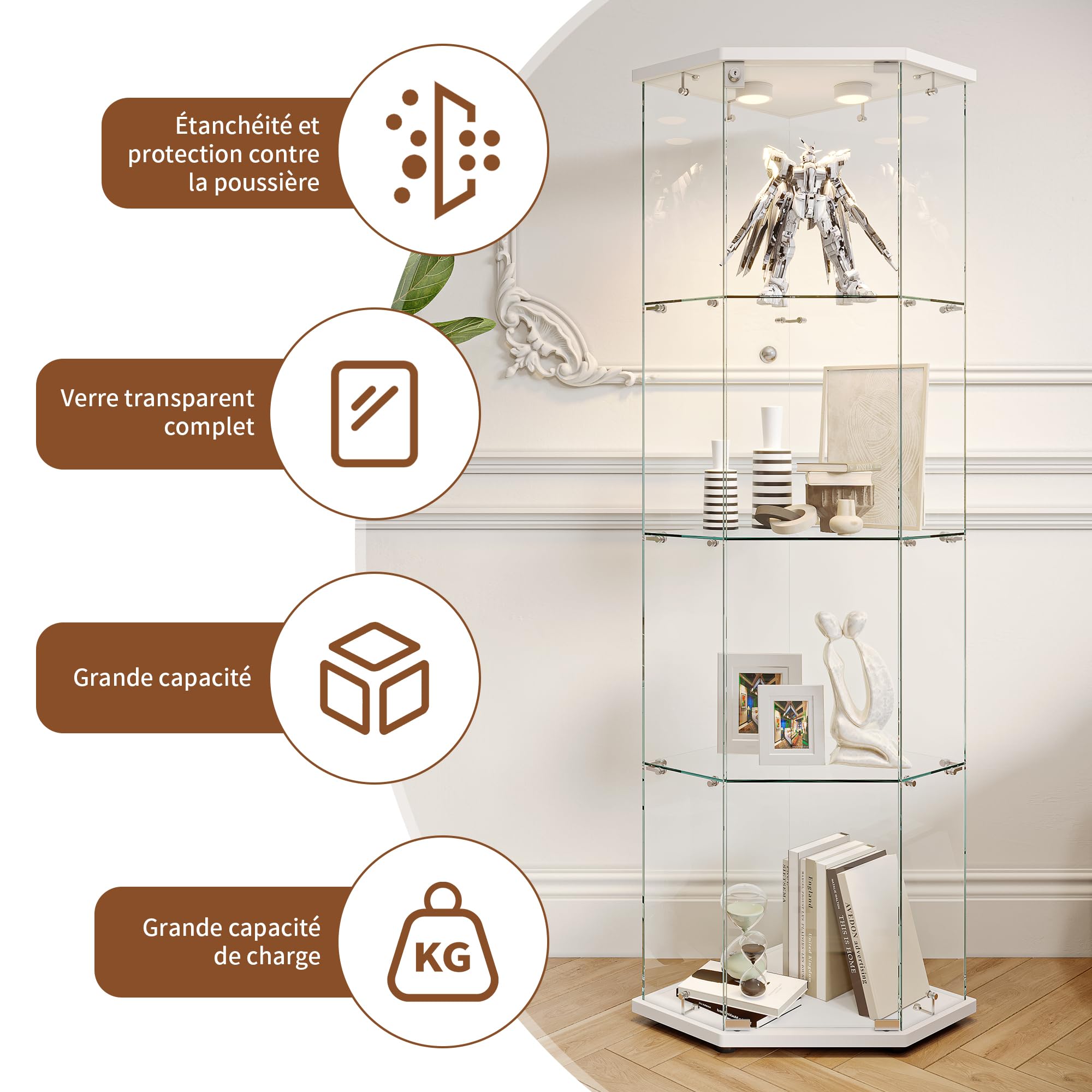 Vitrina de Cristal led, 162x60x40 cm vitrina Expositora de Vidrio con Cerradura LED y Puerta 4 Estantes VitrinaExpositora de Esquina Vitrina Transparente Grande vitrina de Colección para Salón Bar