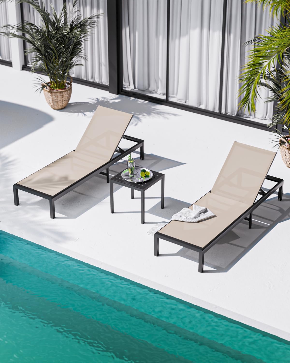 Aluminum Chaise Foldable Patio Lounge Chair Outdoor,Adjustable 5-Position Recliner Pool Lounge Chair,Full Flat Tanning Chair for Patio,Beach,Pool,Outdoor Lounge Chairs,Green+Table