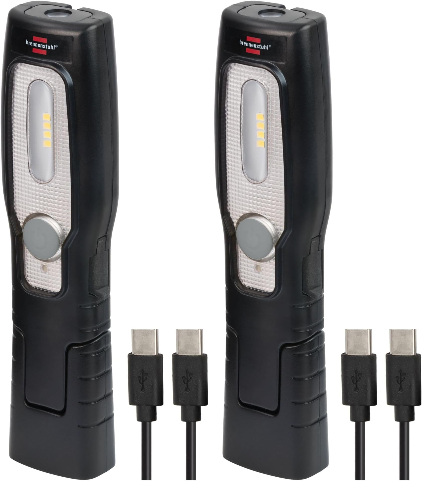 Brennenstuhl LED Akku Handleuchte HL 201 A/LED Werkstattlampe mit Akku (250 + 70lm, knickbarer Haltefuß, handliche Arbeitsleuchte mit Magnet und Haken, inklusive USB C Kabel) (Packung mit 2)