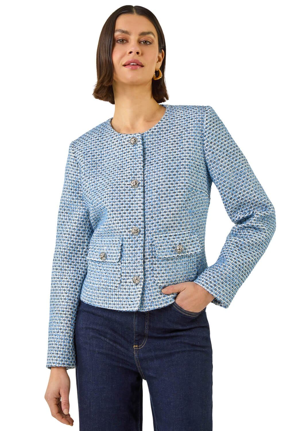 Roman Women's Collarless Boucle Jacket in Blue | Size: 12