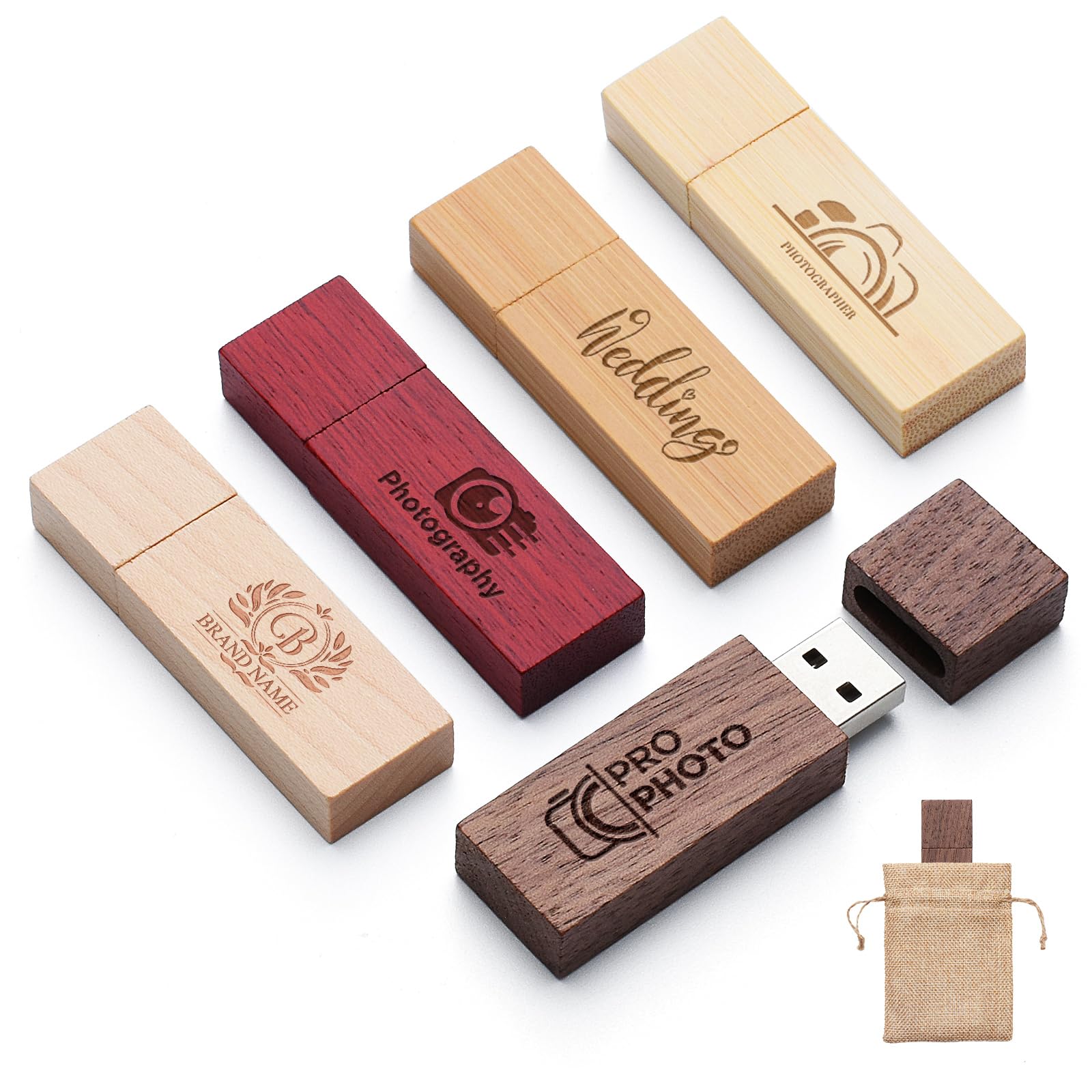 16GB 10Pcs Personalized Wood USB 3.0 Flash Drive, Custom Rectangle Thumb Drive with Linen Bag, Engraved Wooden USB Sticks, Engraving/Printing Your