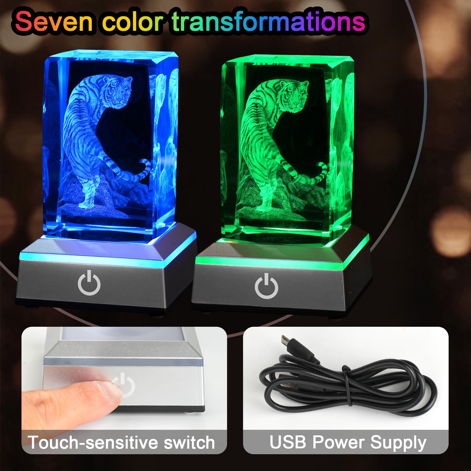 Eicxjui 3D Tiger Crystal Night Light with Multicolor LED Base