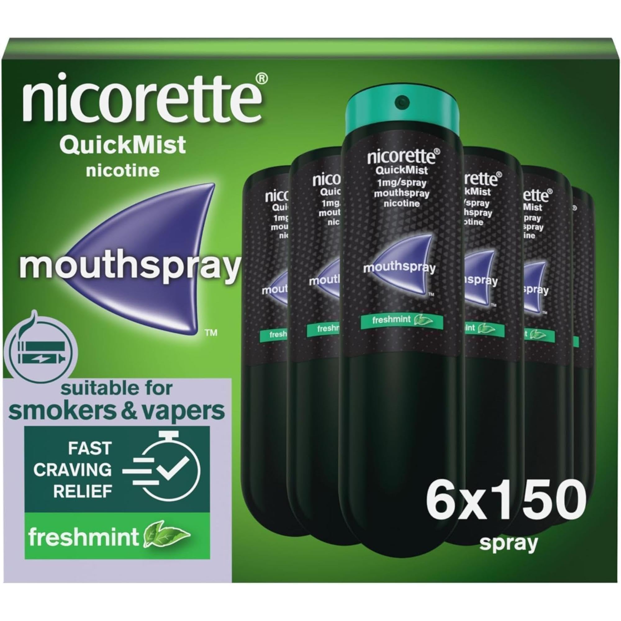 Nicorette QuickMist Mouthspray, Freshmint (6 x 150 Sprays) Smoking or Vaping Cessation Aid, designed to start reducing cravings in 30 seconds (Quit Smoking or Quit Vaping Aid)
