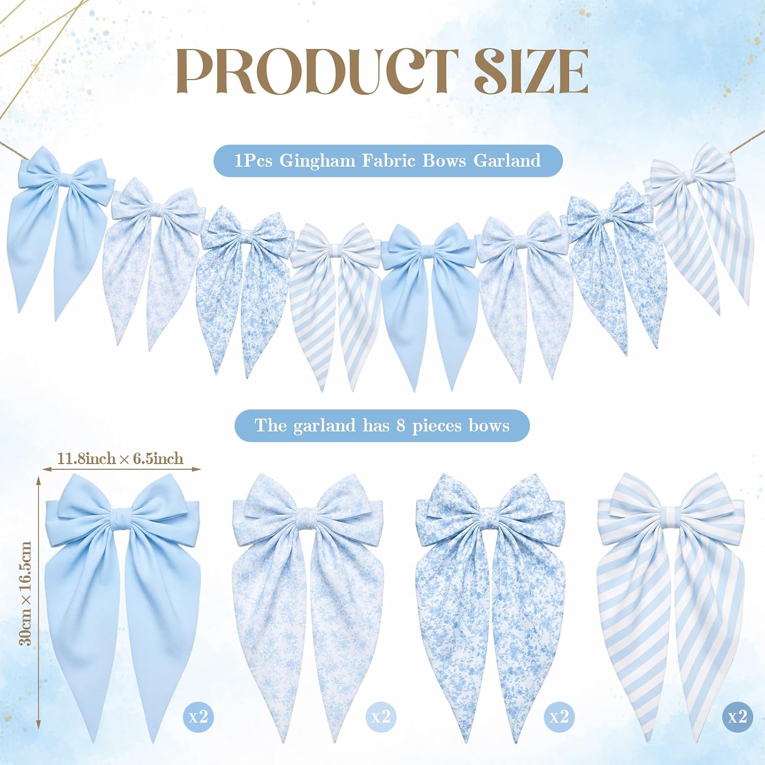 1 String of 8Pcs Bow Garland Banner Decor, Blue, Floral