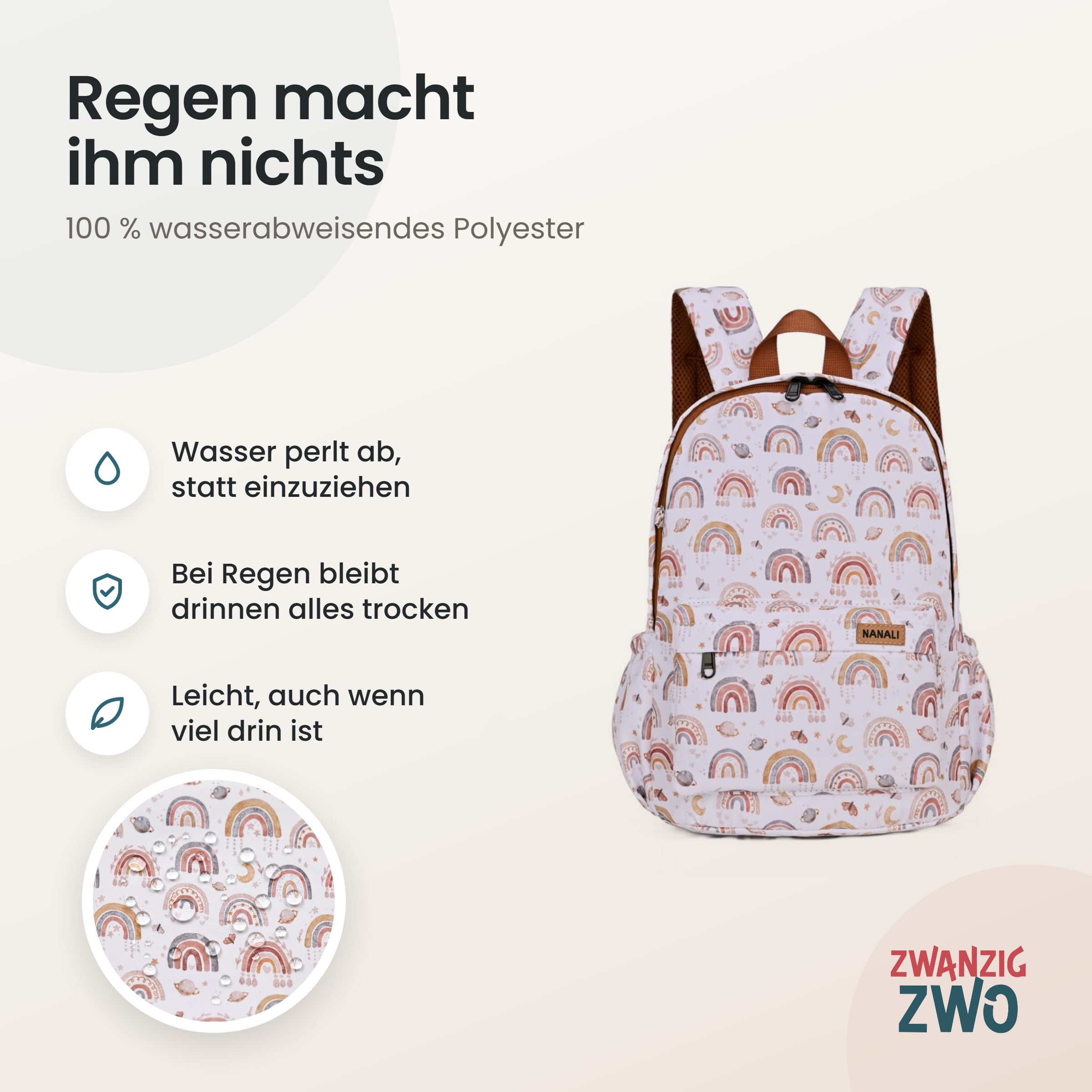 Mochila infantil impermeable con correa para el pecho, etiqueta para el nombre y correas acolchadas, Óxido - Arcos Iris Pequeños, Einheitsgröße, Mochila de guardería