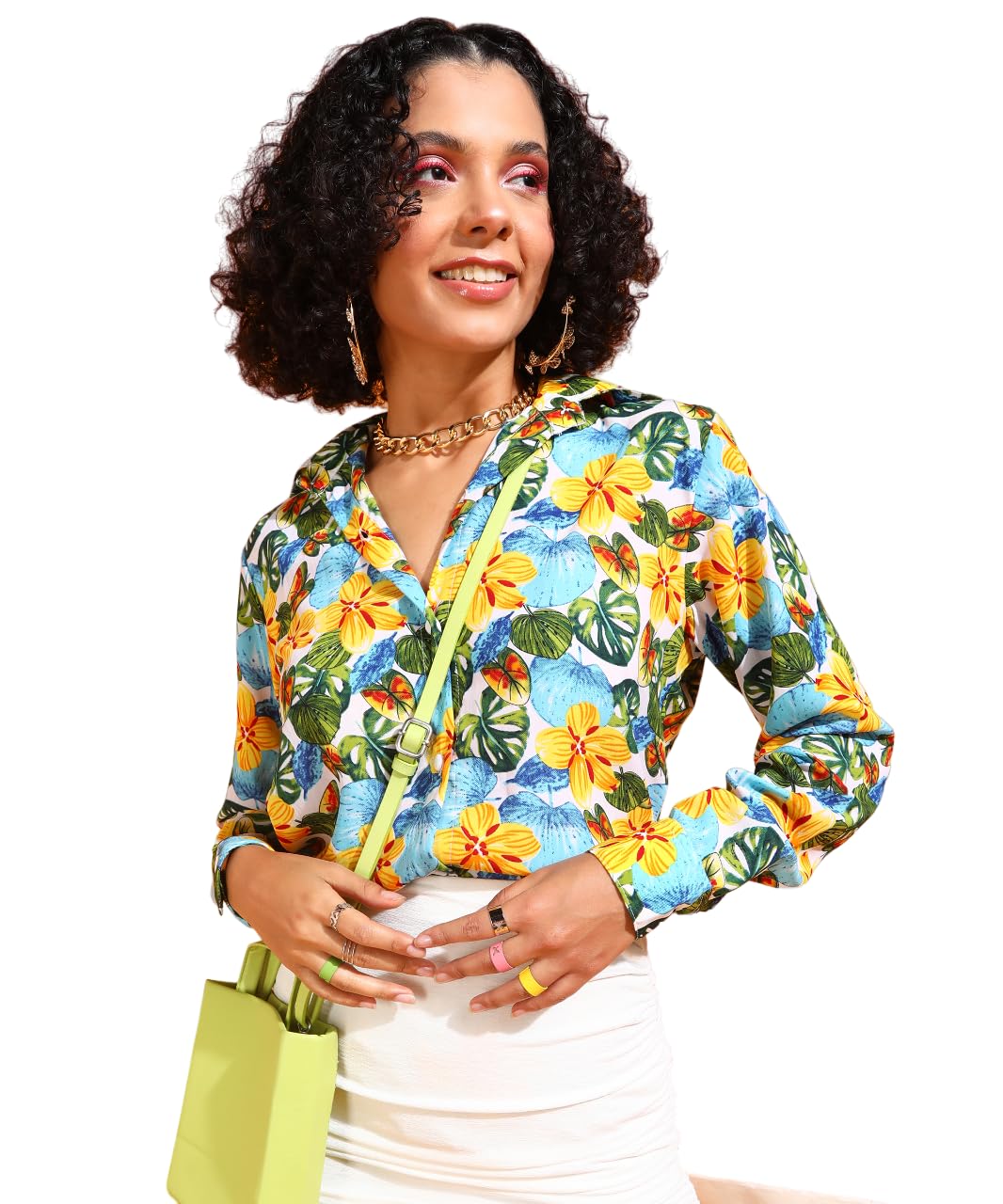 POPWINGS Bedrucktes Hemd mit langen Ärmeln, normale Passform, Polyester, bedruckt, für Damen, stilvolle Western-Freizeitkleidung