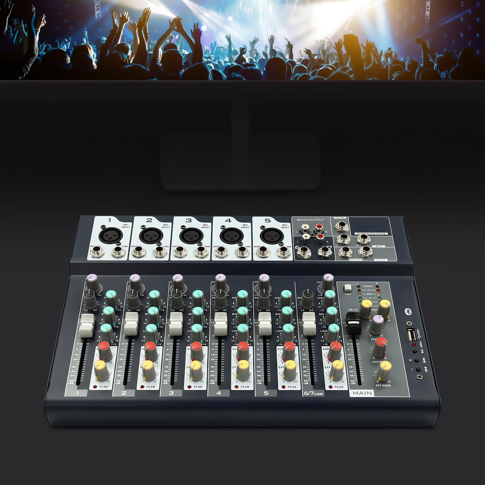 Mixer audio digitale DJ mixer per musica PC con 7 canali e connessione Bluetooth per studio e casa, ideale per musicisti e podcaster