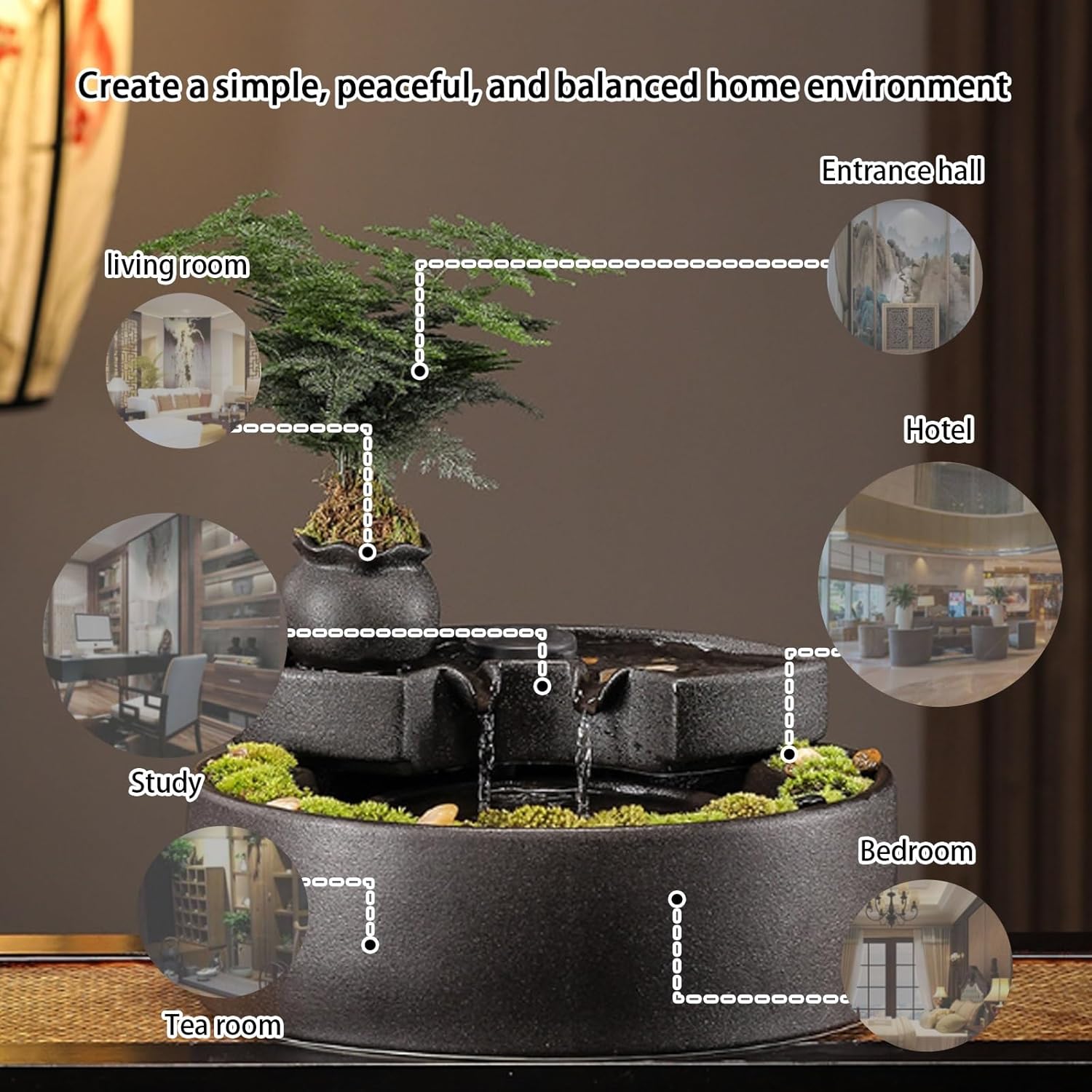 Table Water Fountain, Cyclic System for Wealth, Relaxation, Ceramic Tabletop Decor, Desktop Office Living Room Tea(A)