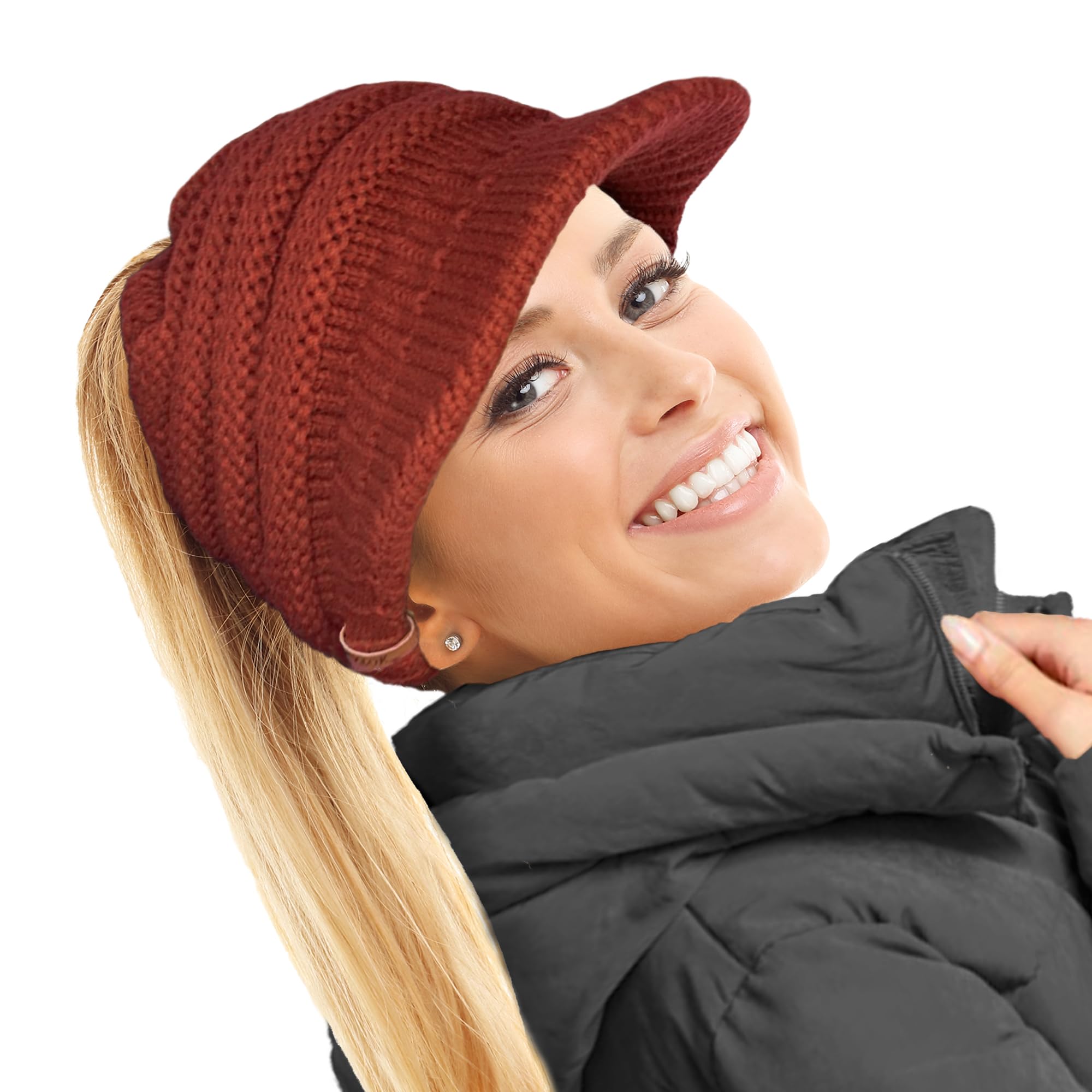 Toskatok Women's Conker Slouchy Peaked Ponytail Messy Bun Knitted Beanie Hat Cap