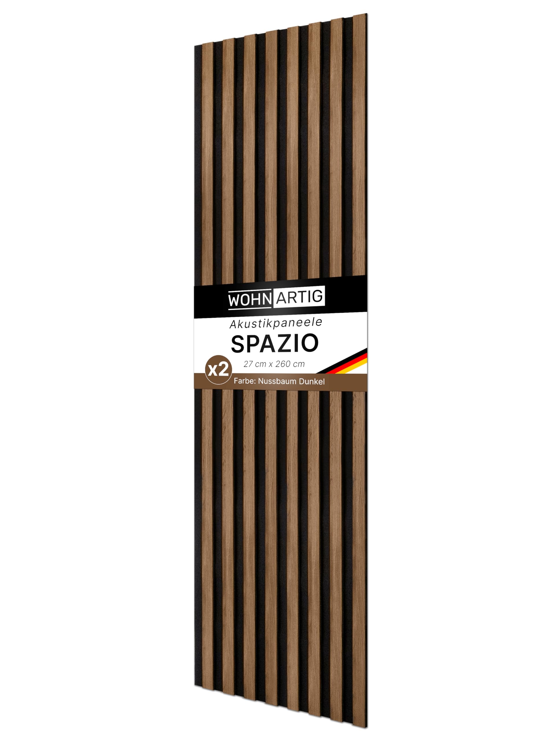 wohnartig® Akustikpaneele SPAZIO 1,404 m² – 260 cm x 54 cm* Set – (Set = 2 Stück 260 cm x 27 cm) | Farbe: Nussbaum dunkel | Wandverkleidung | Akustikpaneel | Wandpaneele auf Filz | Akustikfilz