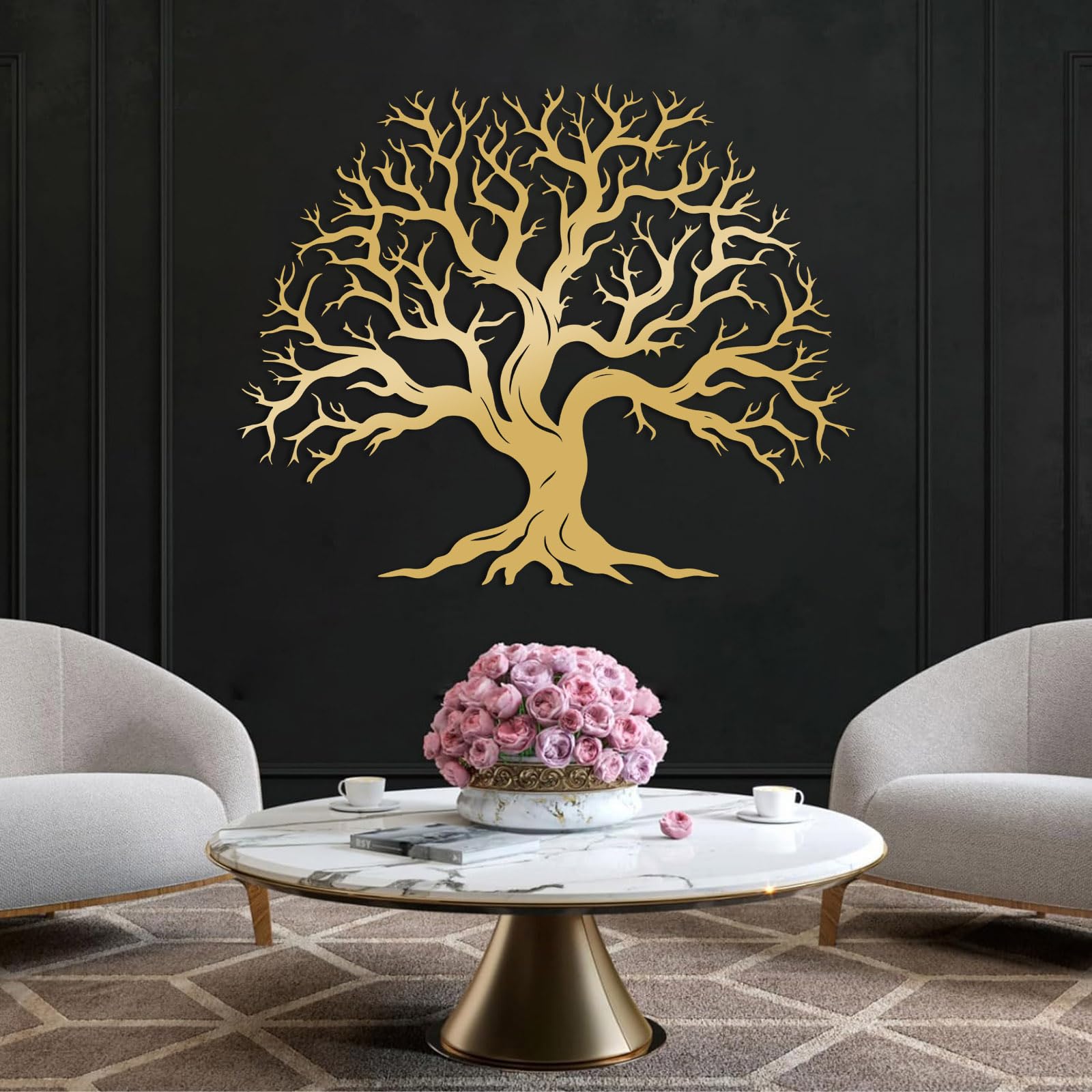 Decoración de Pared de Metal con Árbol de La Vida Grande Árboles Genealógicos Decoración para El Hogar Sala de Estar Oficina Dormitorio Casa de Campo (Dorado 105 X 85 Cm)