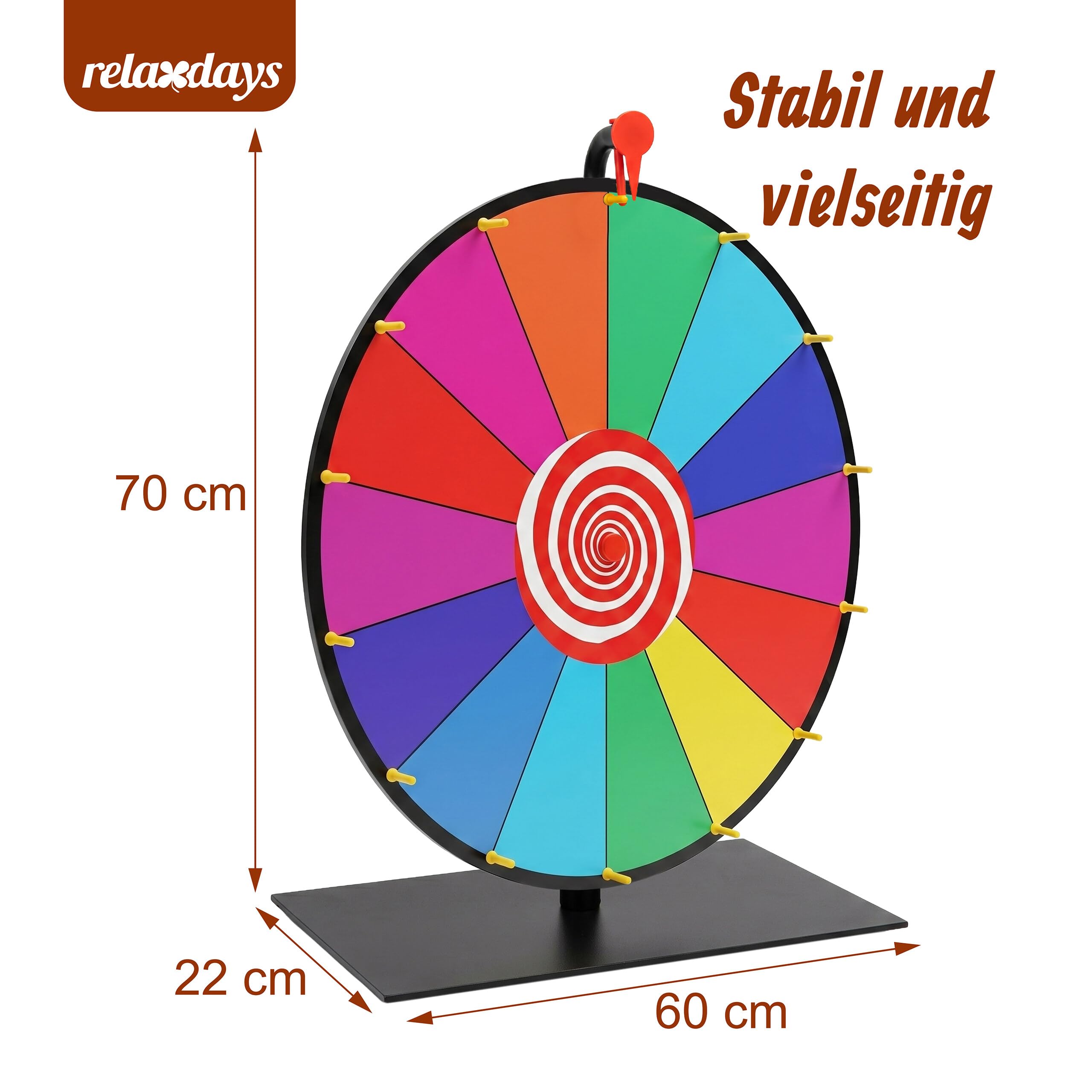 Relaxdays Glücksrad zum Drehen, 60 cm, Drehrad Tisch, 14 Slots, bunt