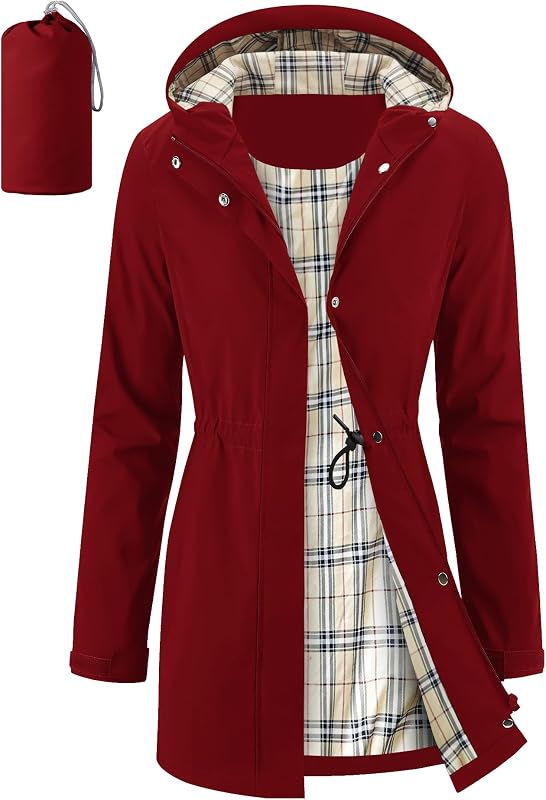 iCreek Women's Long Rain Jacket Waterproof Packable Hooded Windbreaker