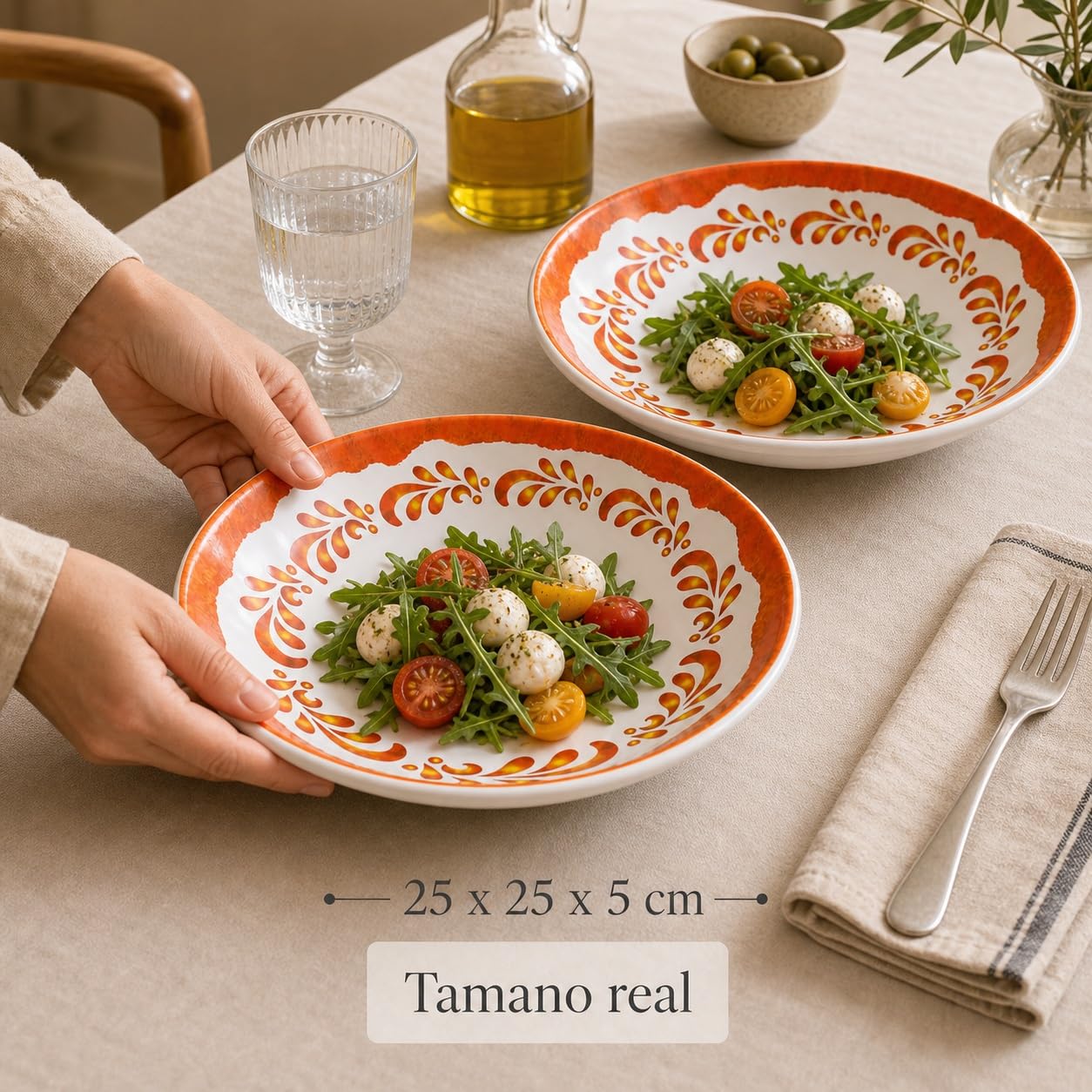 Bowl ensaladera de melamina pack de 2, cuencos ligeros 25 x 25 x 5 cm para ensaladas, aperitivos y mesa diaria