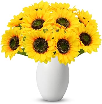 10 Pcs Artificial Sunflowers, Sunflowers Artificial Flowers with Stems, Faux Silk Huge Fake Flower Bouquet for Vase Decor Wedding Table Home Porch Indoor Outdoor Cemetery Decoration Yellow, 6-Inch