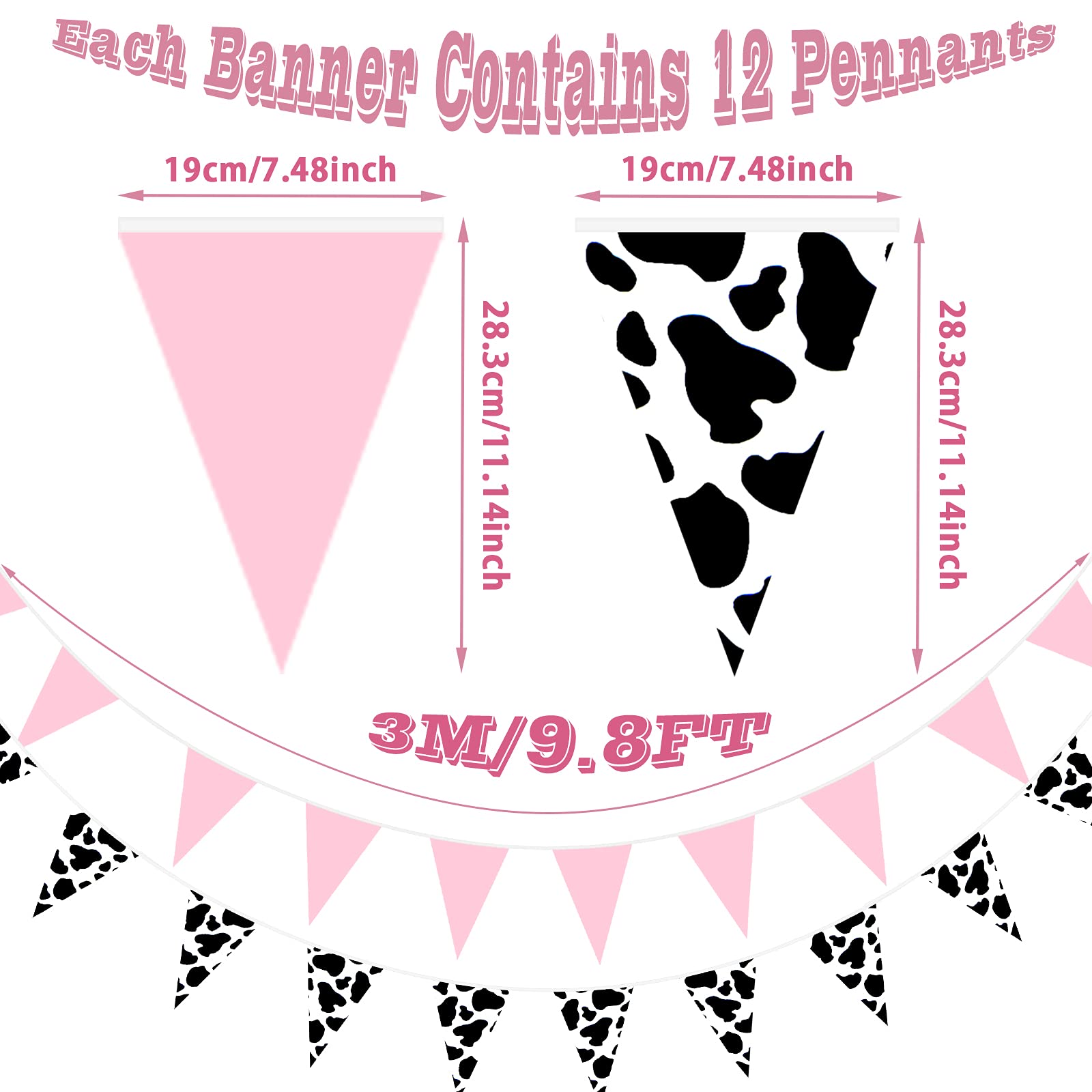 6 Stück Wimpel-Girlande Mit Kuh-Muster - Rosa-schwarz, Für Western-Party, Baby-Shower, Deko