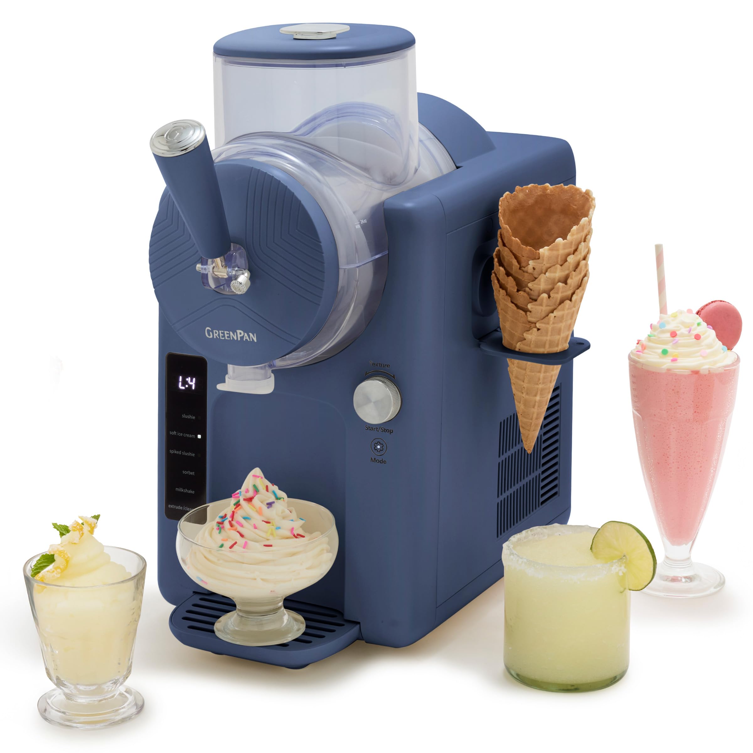 GreenPanFrost Ice Cream Machine & Frozen Drink Maker, Soft Serve, Slushie, Sorbet, Milkshakes & Cocktails, No Freezer Needed, 15-in-1, 7 Textures, Quiet & Rapid, Easy Clean, Family Size, Berry Blue