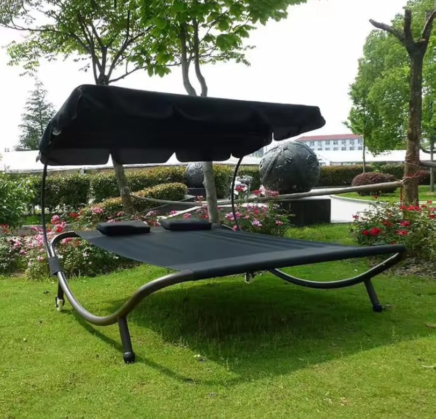 VITALTidyard Patio Lounge Bed with Canopy and Pillows Oxford Fabric Sun Bed Steel Frame for Pool, Patio, Balcony, Garden, indoor and Outdoor Furniture 210 x 170 x 160 cm