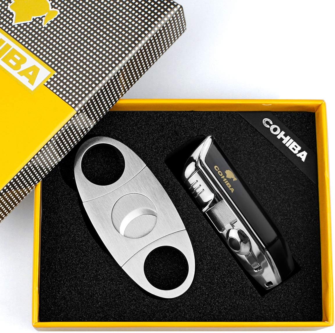 Torch Lighters with Cutter Set Triple Jet Flame Lighter with Punch Butane Refillable(Without Gas) (Black-1)