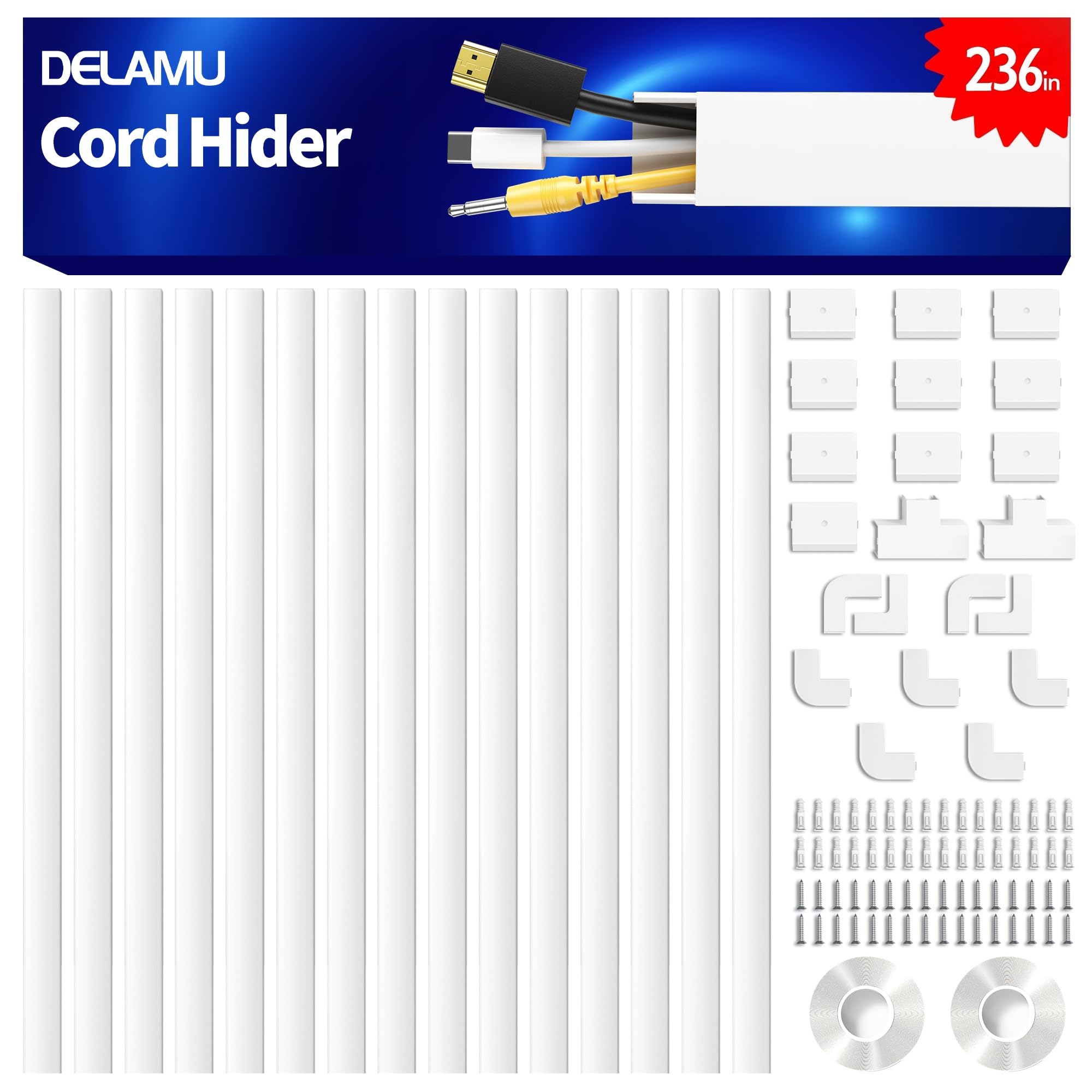 Delamu 236in Cord Hider, Professional Cable Cover Kit for Wall, TV Wire Hider for Wall Mounted TV, Raceway Cover on Management Wires, Cable Concealer, 0.95'' H x 0.55'' W, White