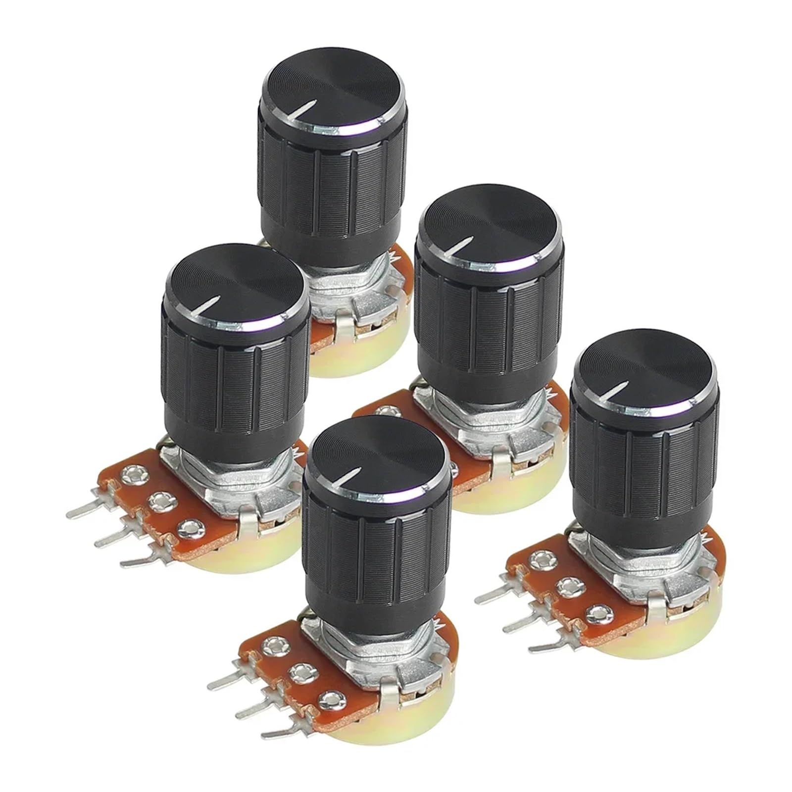 Potentiometer-Knopf, linear, 5 Sets WH148 Potentiometer, 15 mm, 3-polig, mit schwarzer Aluminiumknaufkappe, 1 K, 2 K, 5 K, 10 K, 20 K, 50 K, 100 K, 250 K, 1 m, lineares Potentiometer-Set (10