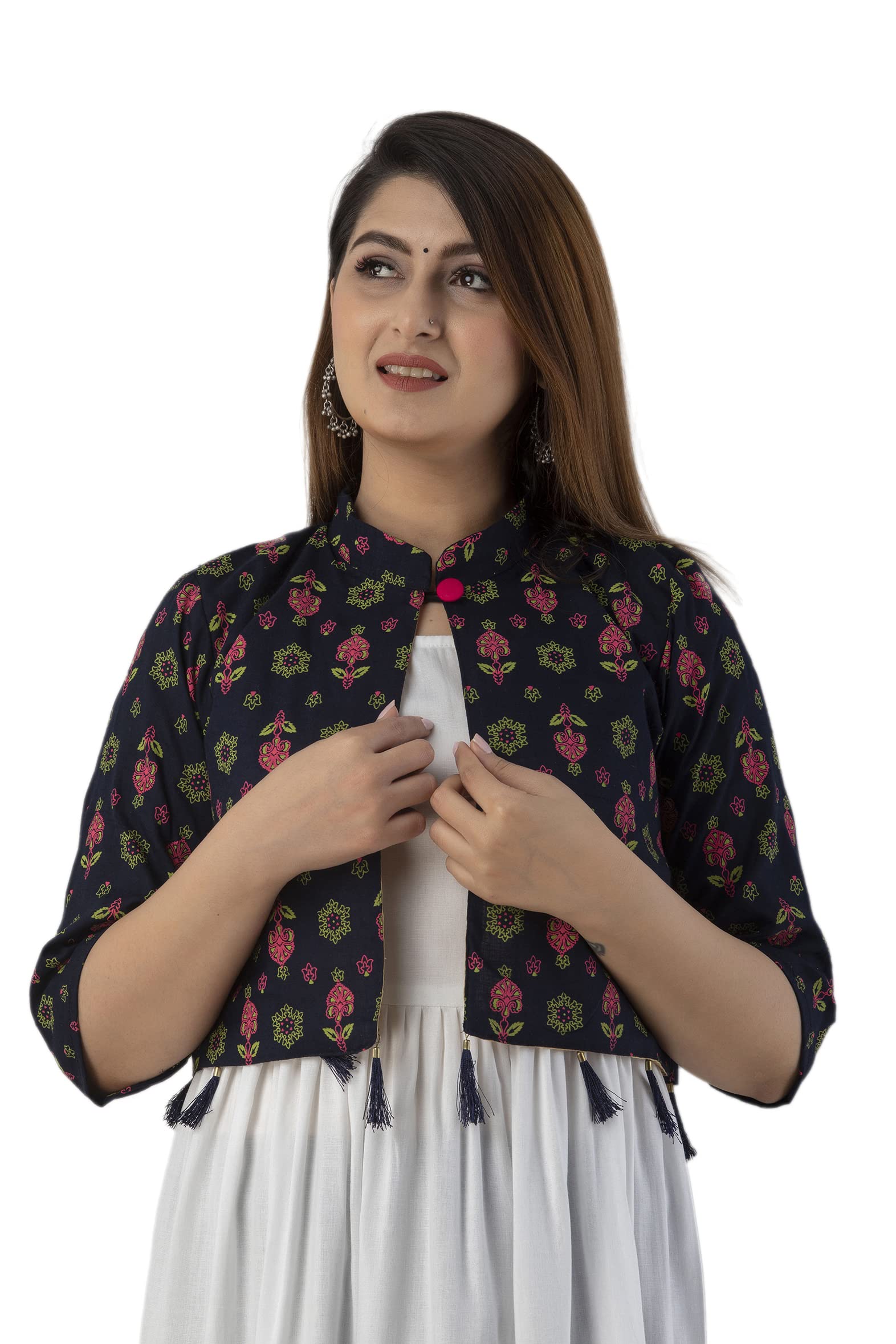 Women Stylish Rayon Floral Print Crop Jacket Xl With Tessal,Multi-picture-48