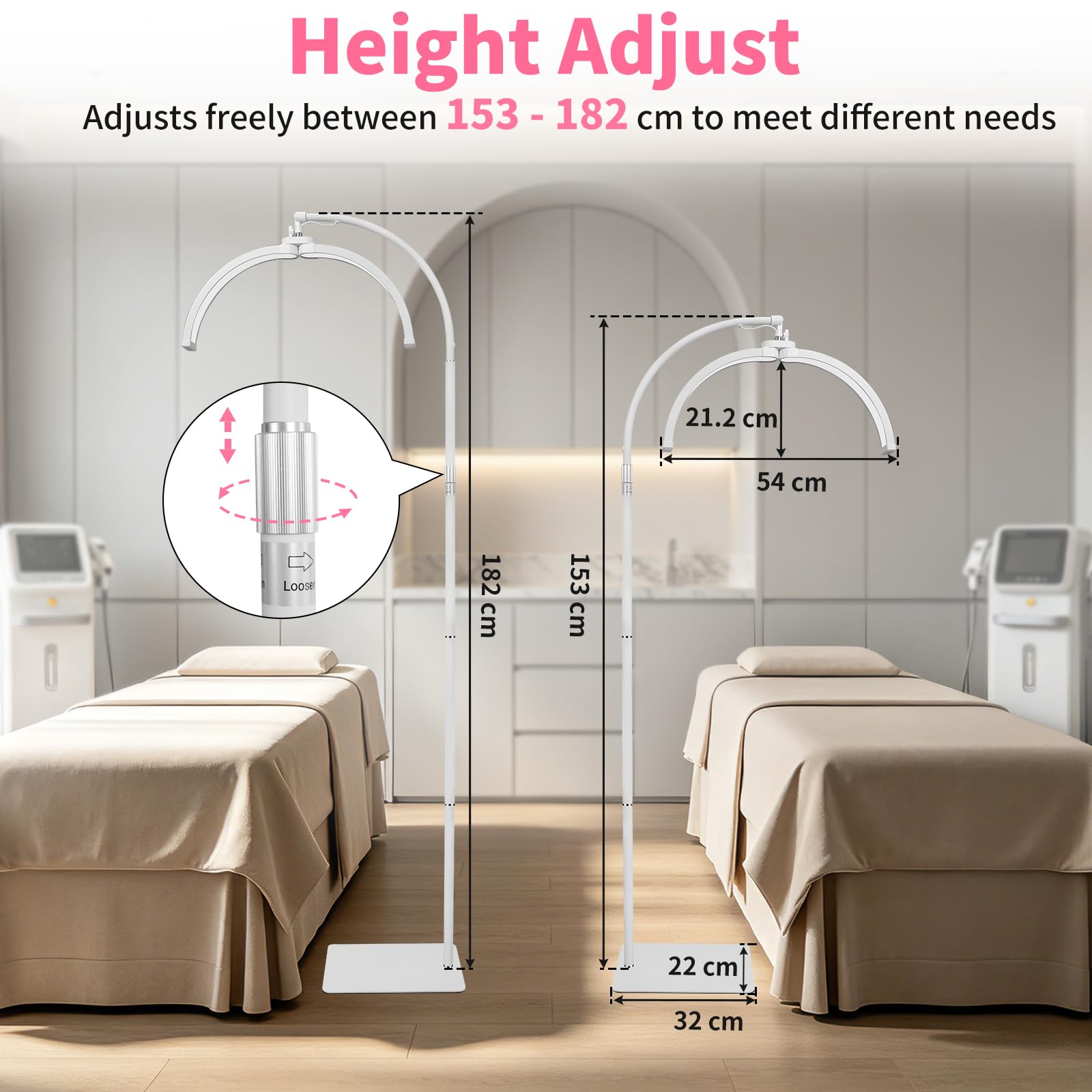 CGBE Lampada per Extension Ciglia Professionale Dimmerabile LED Mezza Luna | Lampada Lashmaker con Porta Cellulare - Testa Rotabile a 360° - Altezza Regolabili Lampada da Terra per Estetista - Bianco