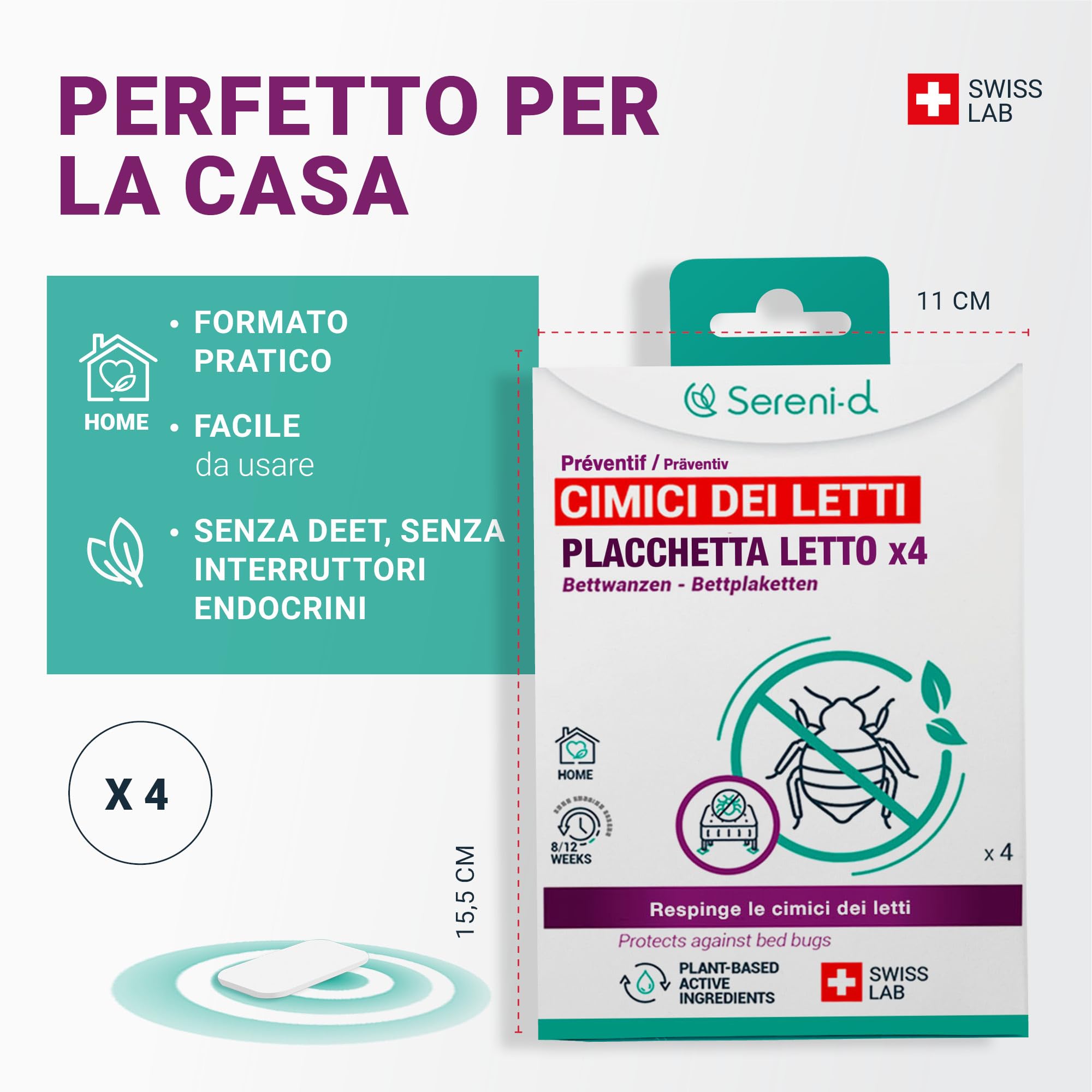 PIASTRE LETTO repellenti per CIMICI DEI LETTI - Protegge dalle cimici dei letti durante il sonno - x4 Sereni-d SWISS LAB