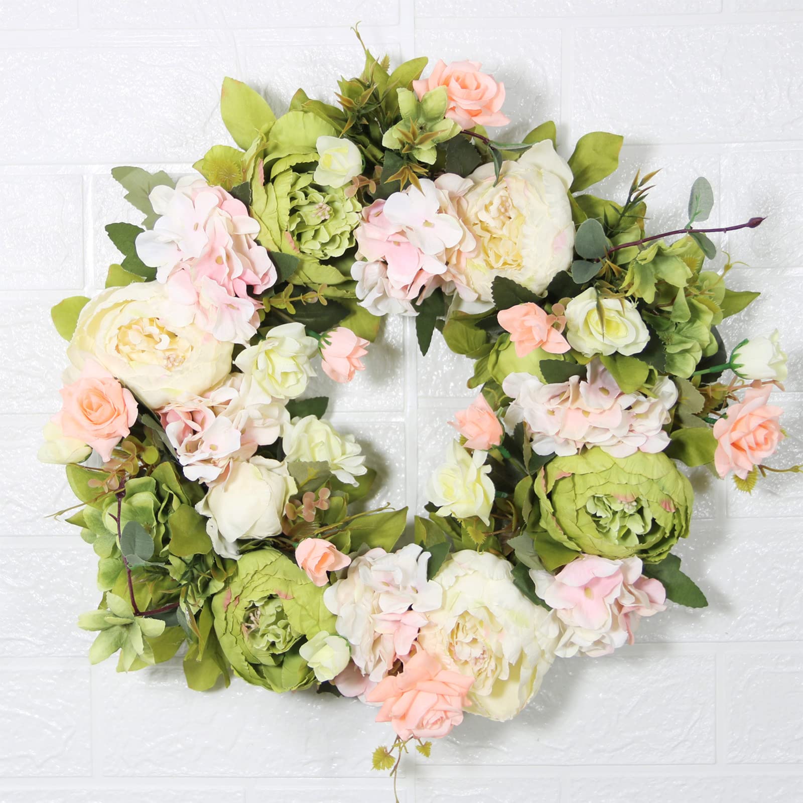 Ghirlanda Artificiale delle Quattro Stagioni da 40 Cm, Ghirlanda da Esterno per Porta D'ingresso, Ghirlanda Ricamata con Ciondolo Fiore di Peonia in Seta, Decorazione Natalizia della Collezione(#1