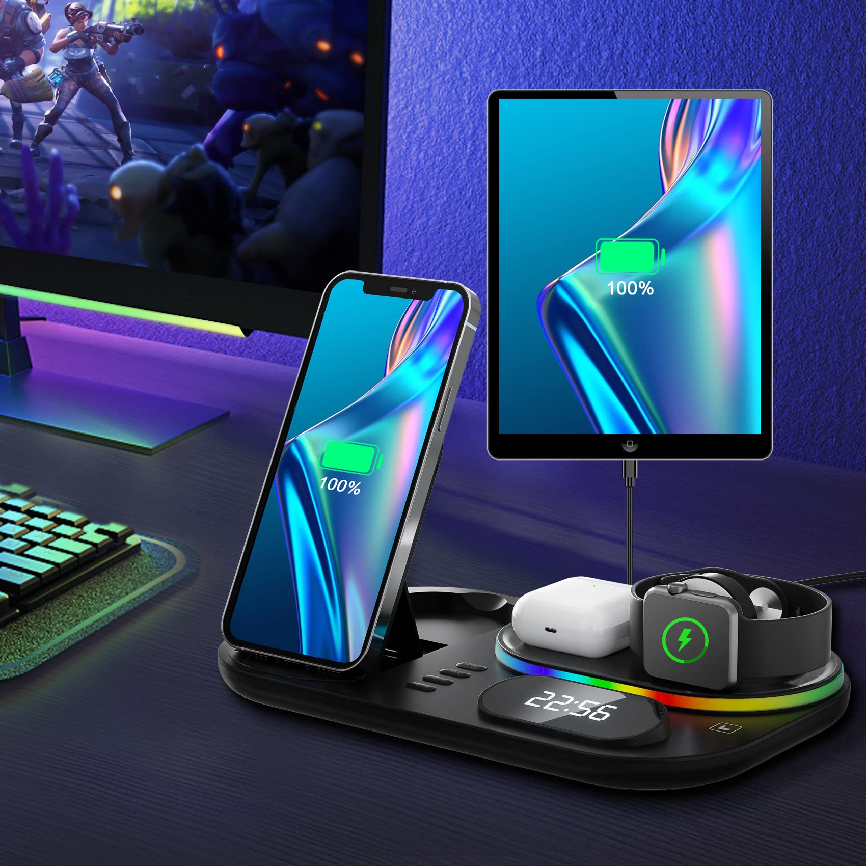 Wireless Charger, Eocean 4 in 1 Wireless Fast Charging Station for iPhone 14/13/12/11/iWatch/AirPods/Samsung Galaxy, Charging Stand Dock with Clock and LED Light (Black)