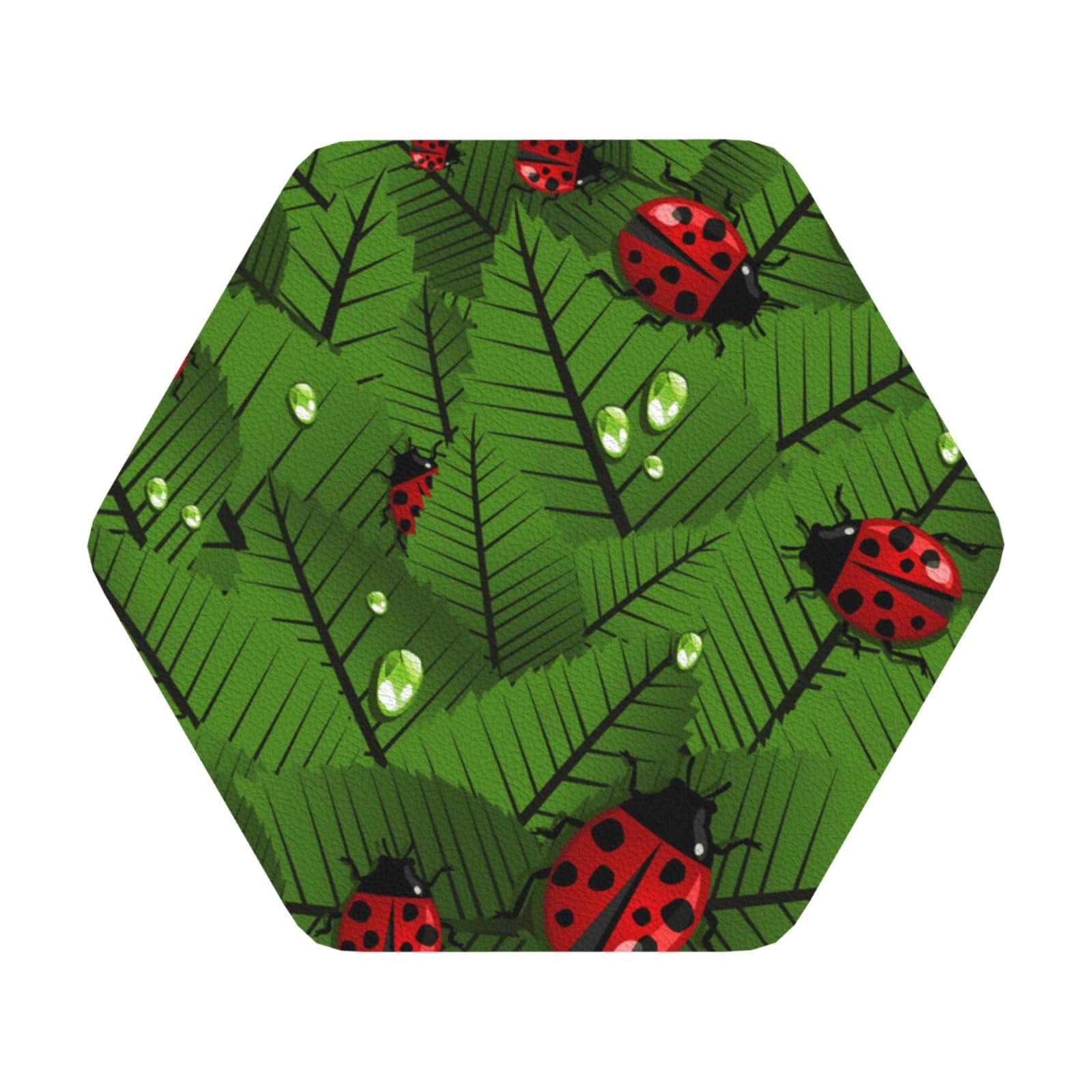 Leaves and Ladybugs PU Leather Coasters Set of 6 Hexagon Drink Coasters