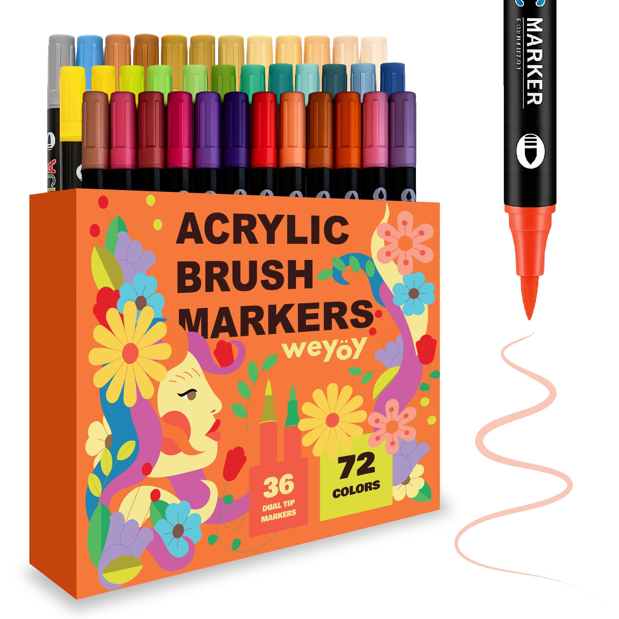 Weyöy. Rotuladores Acrílicos Doble Punta - 36 Marcadores acrílicos, 72 Colores, Acrylics markers para Piedras, Madera, Vidrio, Tela, Manualidades, Rotuladores para cristal punta pincel
