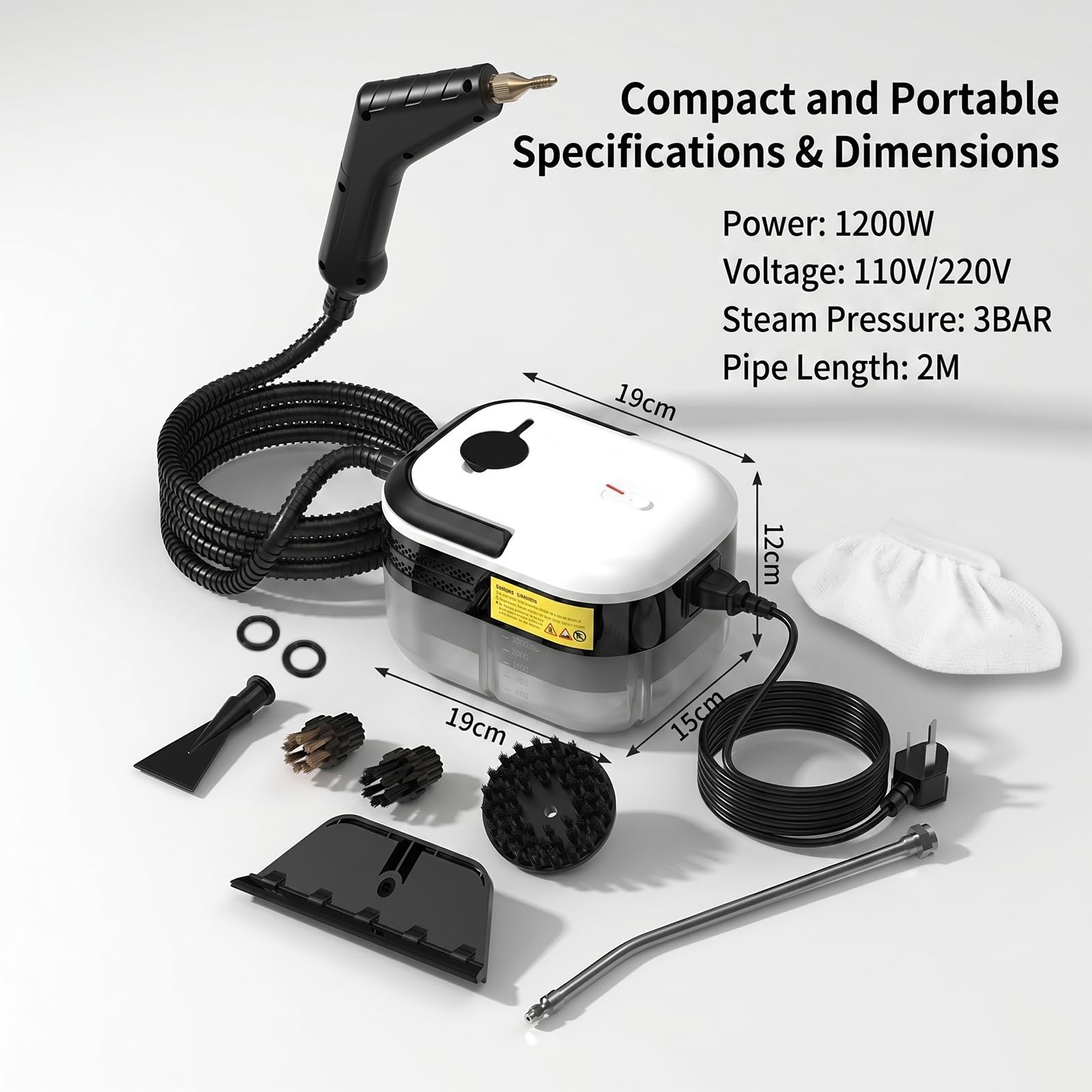 hKjPlvf Limpiador Vapor Mano 1500W Alta Presion, Tanque 1200 ML, Manguera 2M, 4 Cepillos, Calentamiento Rapido Limpieza Profunda Cocina, Coche, Tapiceria Yellow