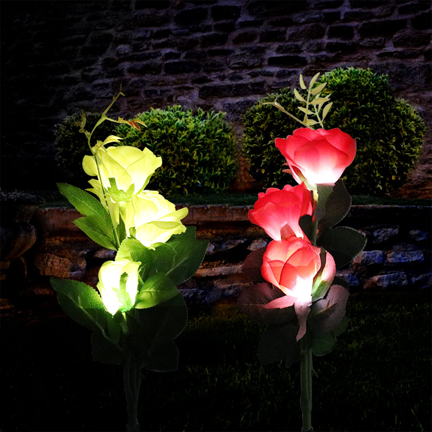 Outdoor Solar Garden Stake Lights, LED Solar Powered Flowers Lights with 3 Roses, Waterproof Solar Garden Flower Lights for Patio, Yard, Backyard, Garden, Lawn, Pathway Decoration (2 Pack, Red+Yellow)