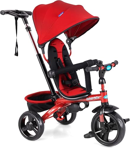 Miniatura 28 de INFANS Triciclo para niños, triciclo para bebés 6 en 1 con asiento reversible, mango de empuje ajustable, dirección de control, toldo extraíble