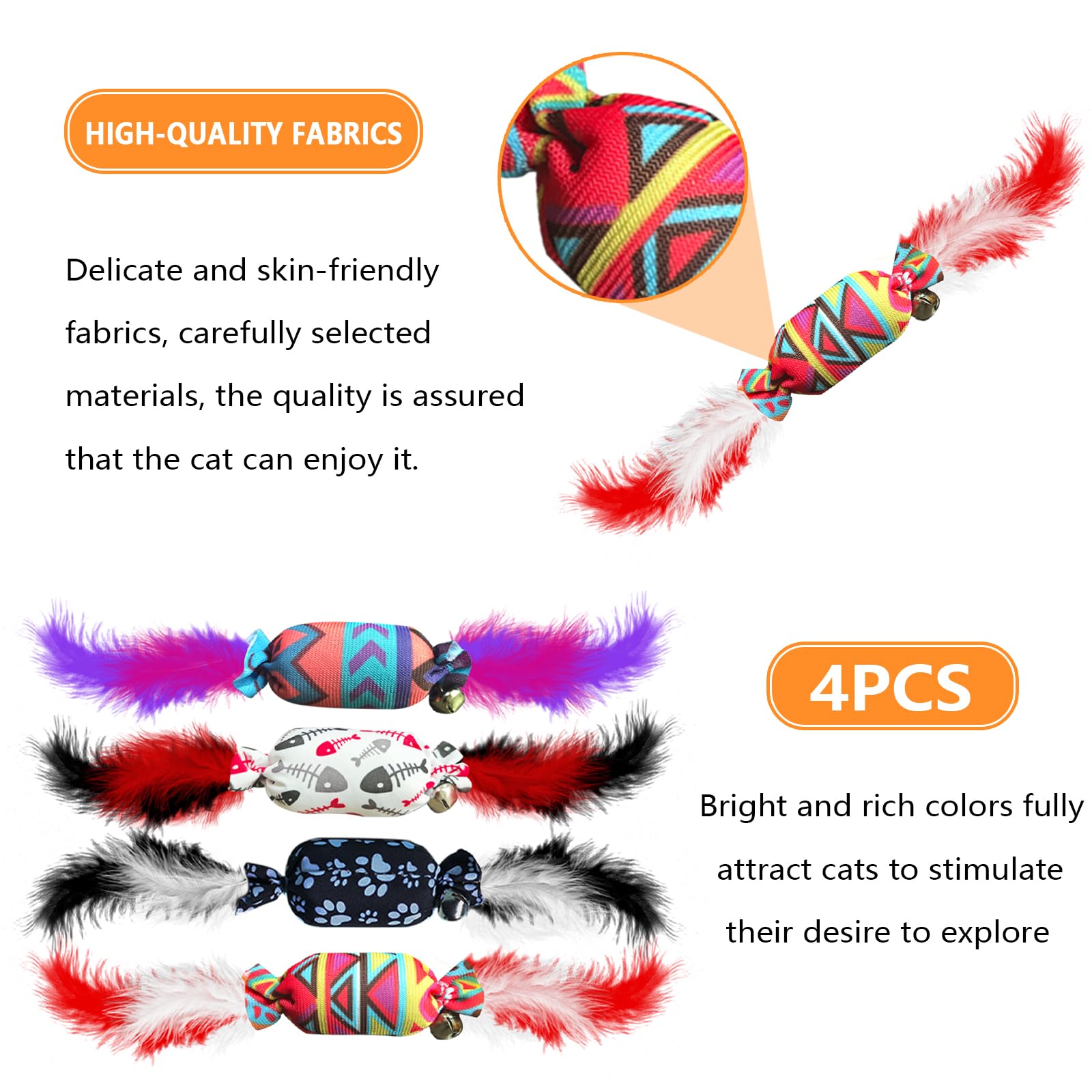 jiuhao Candy Feather Bell Cat Toys,Indoor Cat Toys 4-Pack with Feathers Jingle Toy Kitten Play Kick Bite Chew Interactive Boredom Toy - Image 4