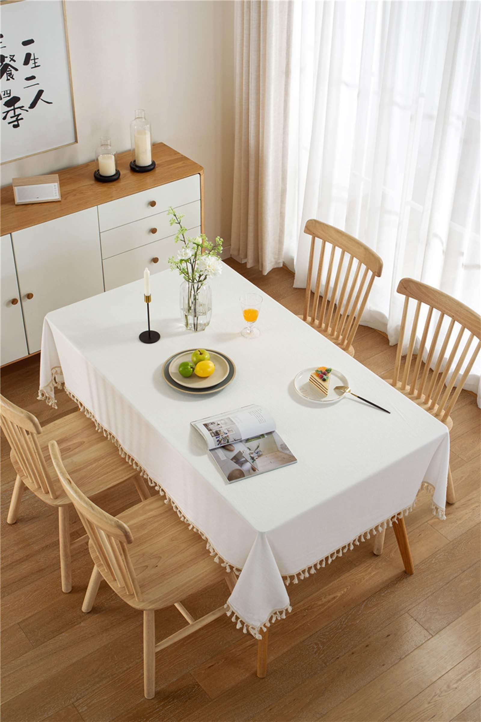 Mantel cuadrado para mesa de comedor, 55 x 55 pulgadas, de algodón, color liso, con borlas, para eventos, bodas, banquetes y fiestas, color blanco, estilo A