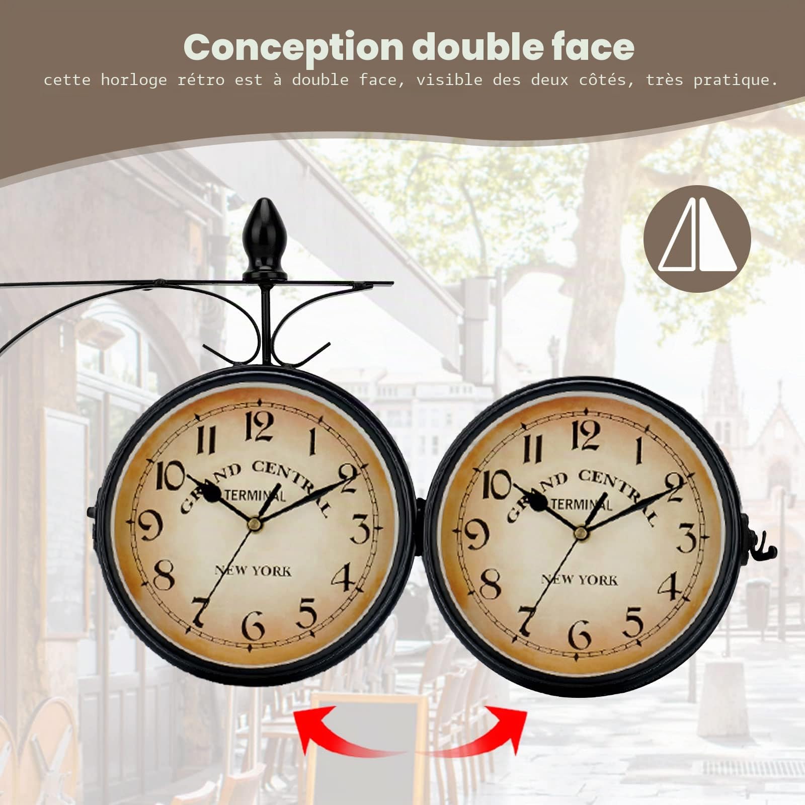 Horloge Murale Horloge Double Face avec Support, Style Rétro, Horloge de Gare New York, 25cm Grande Horloge Murale, Horloge Metal pour intérieurs et extérieurs, Jardin, Terrasse(01)