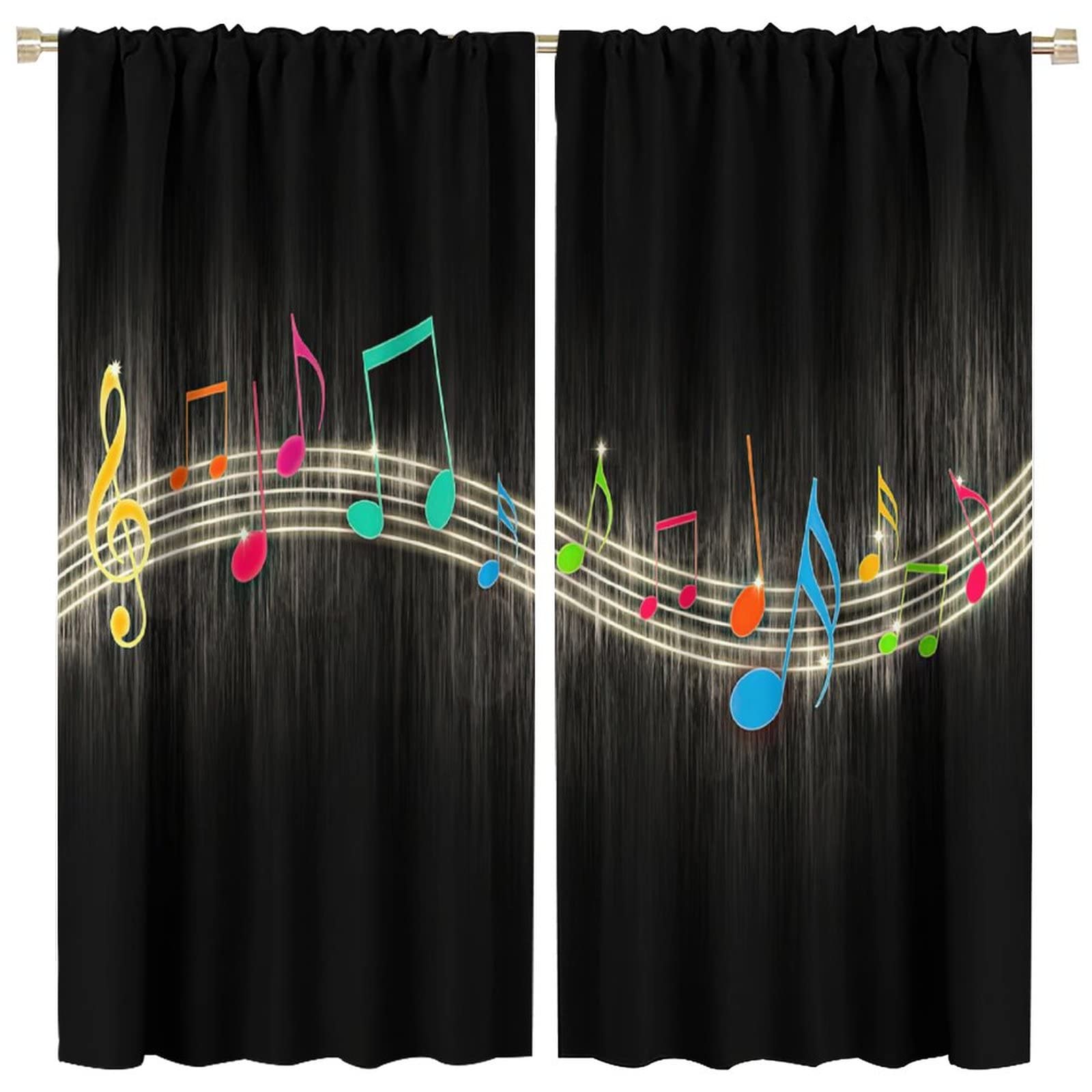 Music Window Curtain,Colorful Music Note Black Background Window Treatments Curtains for Teens Boys Bedroom Living Room Blackout Drapes W84xL84in